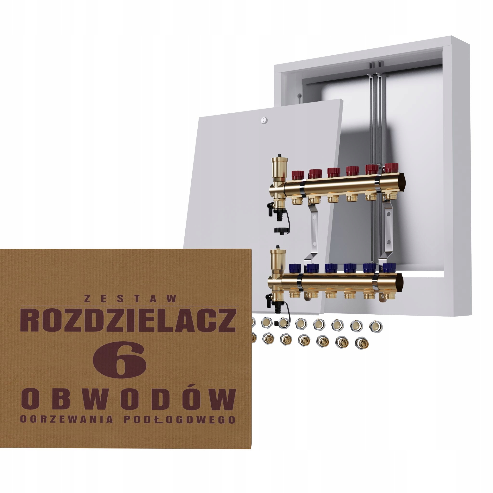 Manuální rozdělovač 6 okruhů pro radiátory nástěnná skříňka Pex