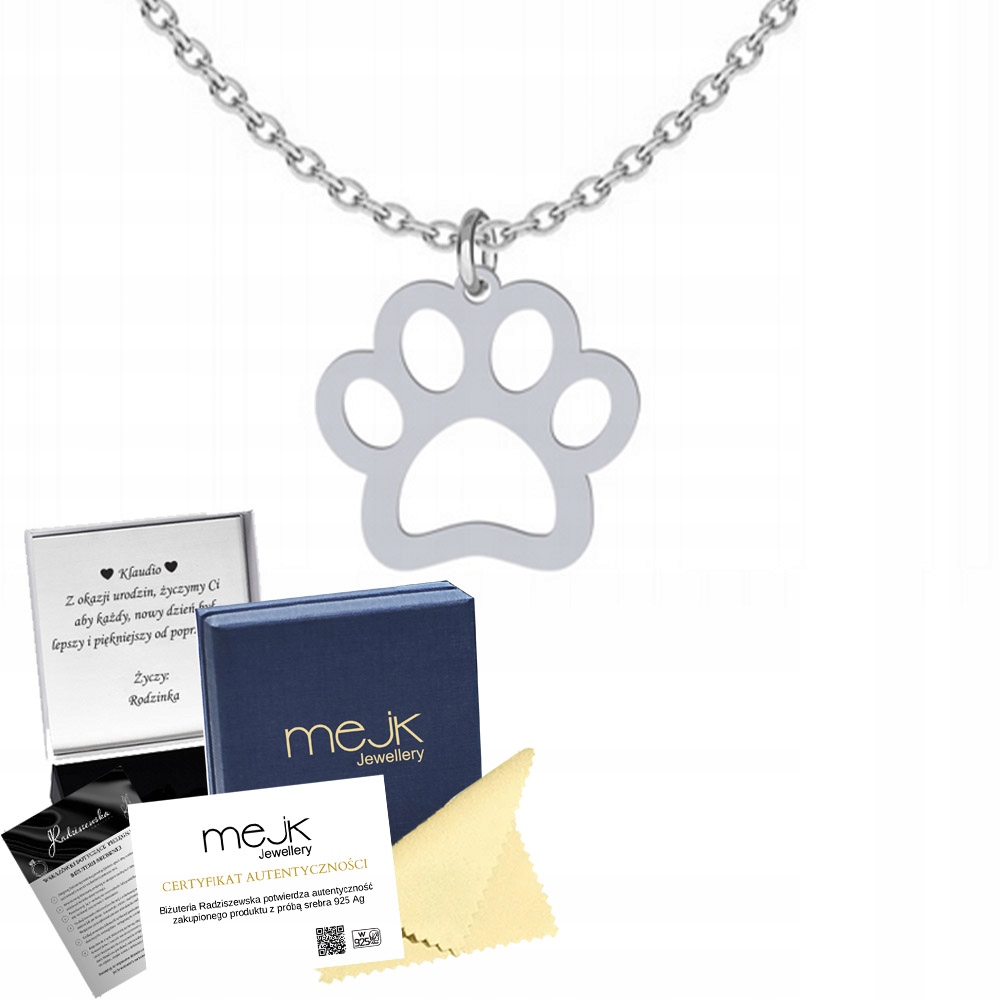 Stříbrný náhrdelník Tlapka pro psa a kočku 925 Řetízek Šperky Dárek Dedikace