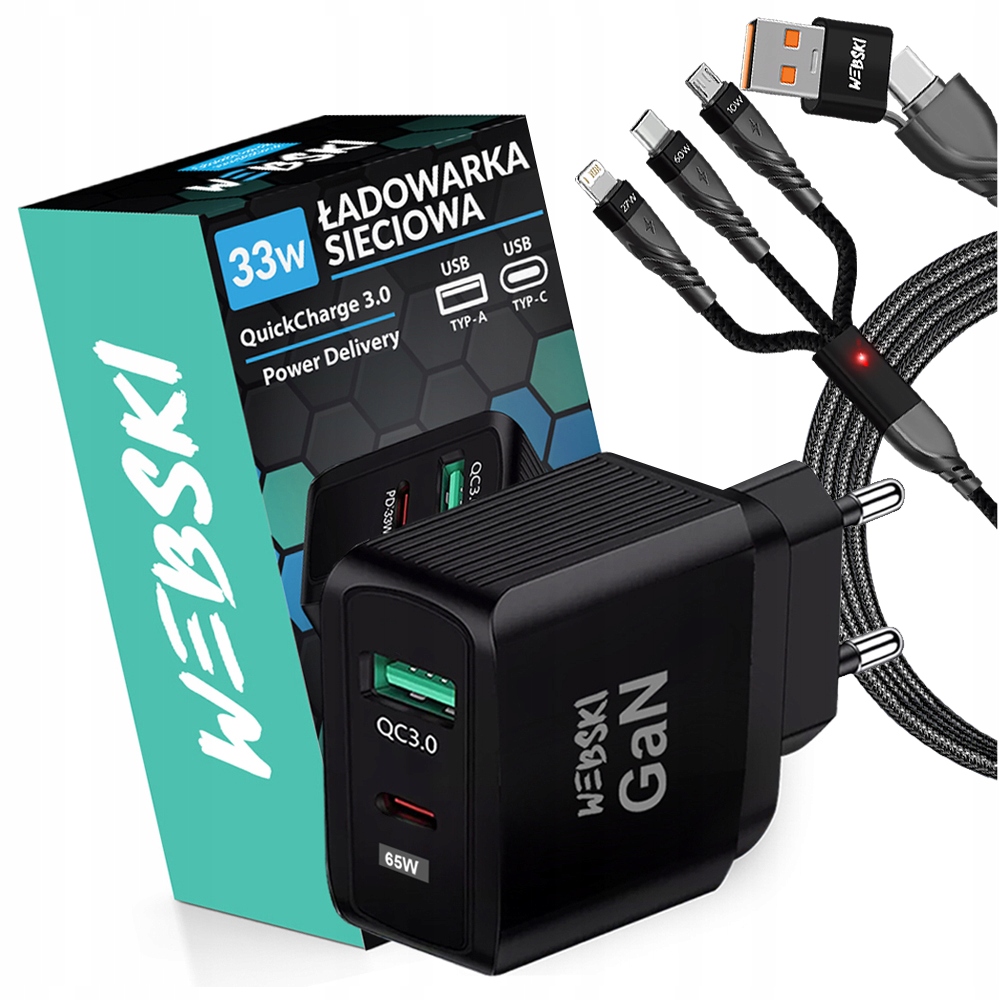 Szybka ładowarka Podwójna 2xUSB 33W Qc 3.0 Power Delivery GaN+KABEL 6W1