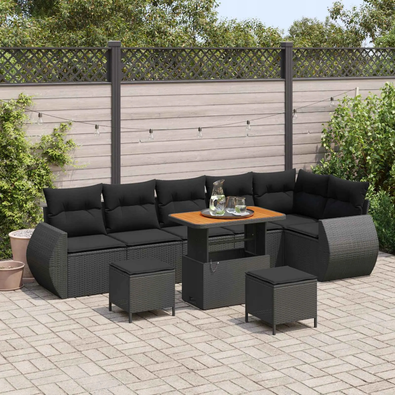 vidaXL Sada zahradních pohovek s polštářem 9 pcs Černá Poly Ratan
