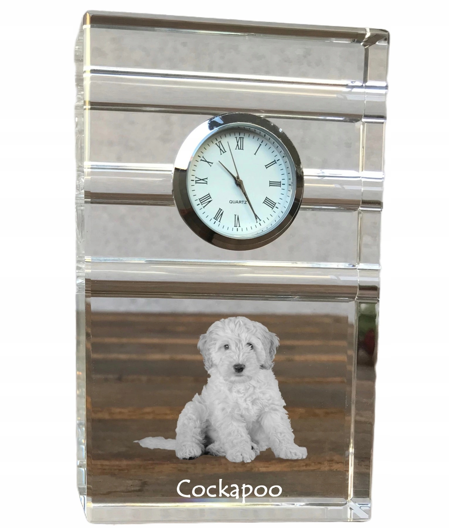 Cockapoo krištáľové stolové hodinky so psom, s vašou fotografiou, suvenír