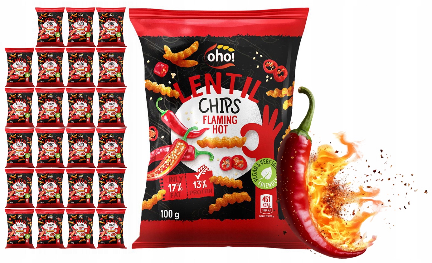 Chipsy Chrupki z Czerwonej Soczewicy o Smaku Flaming Hot 100g Oho! x23