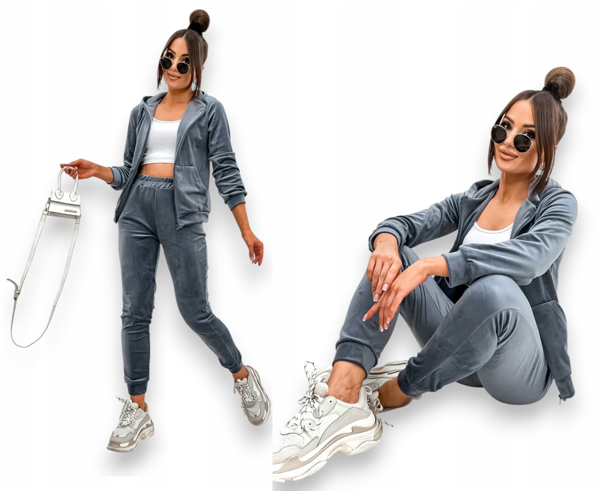 Dres Komplet Welurowy Damski Bluza Rozpinana Zamek Spodnie Szary M