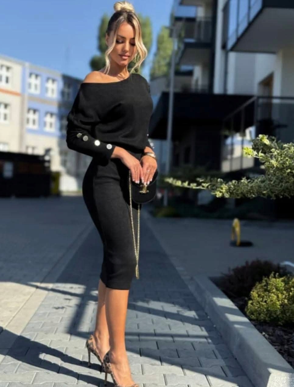 Pletený komplet Košilka carmen Sukně Rozparek Knoflíky Černá Xs