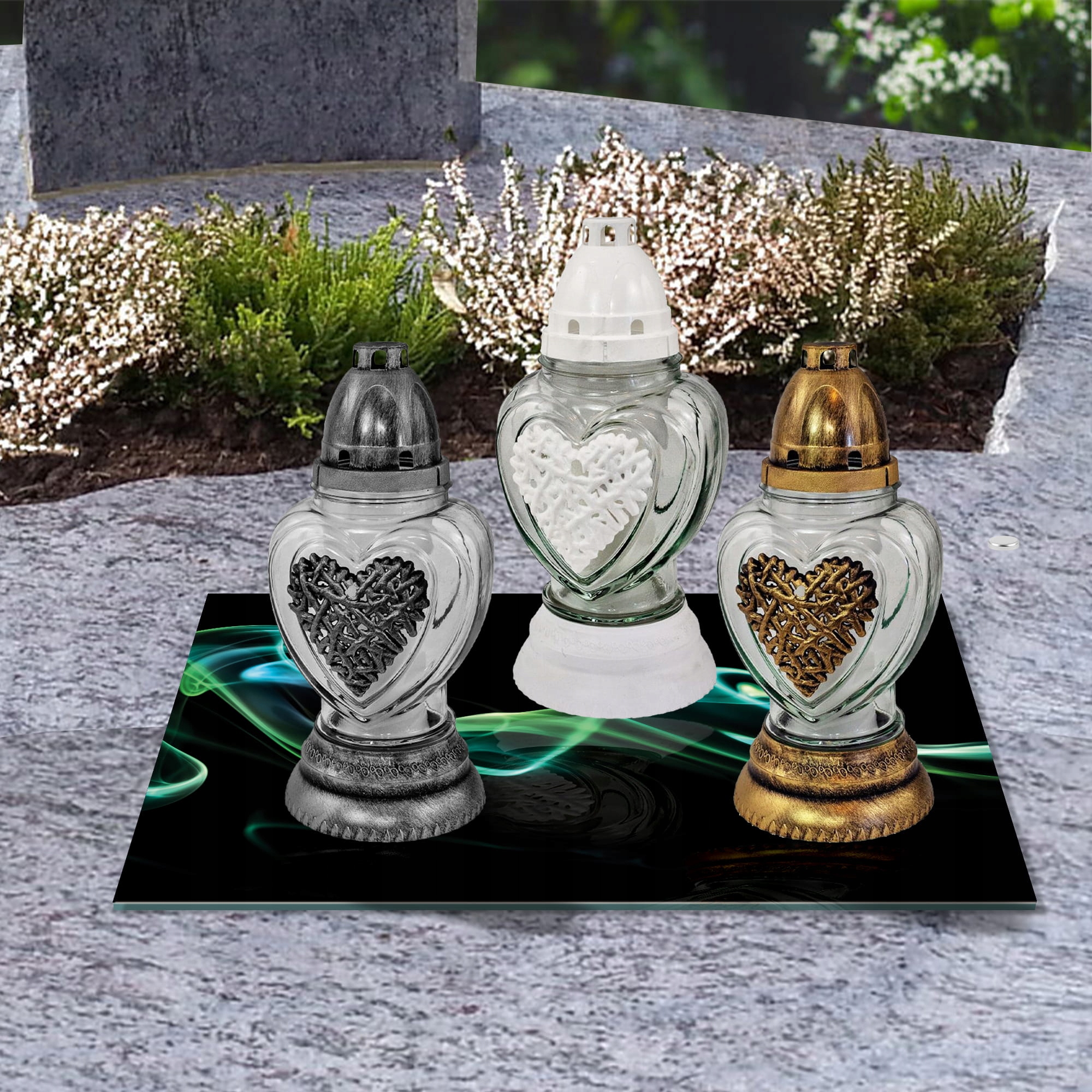 SZKLANA PODSTAWKA POD ZNICZE 40x30cm Wstęga 67b Materiał szkło hartowane