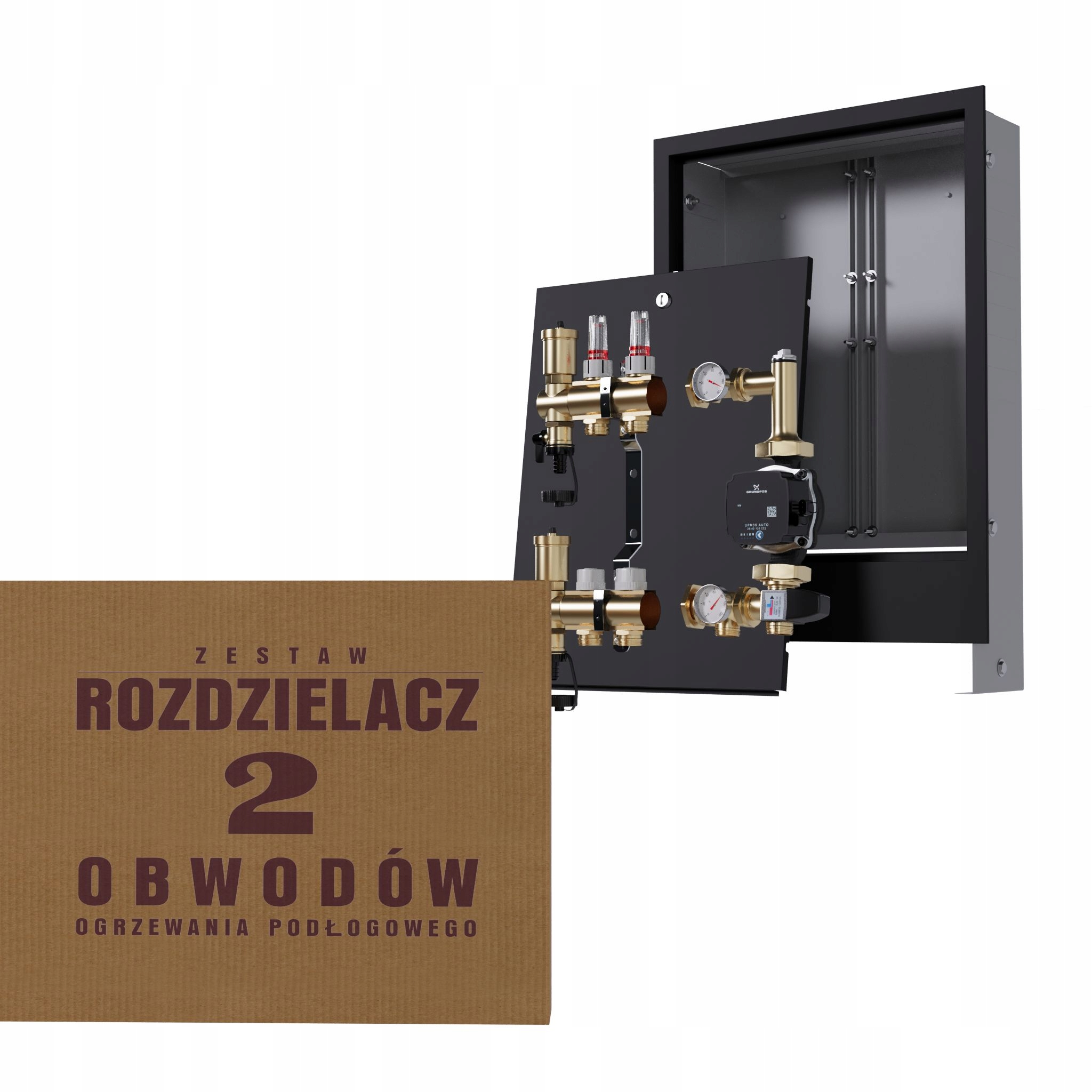 Rozdělovač pro podlahovku 2 okruhy s skupinou Grundfos podomítkový černý