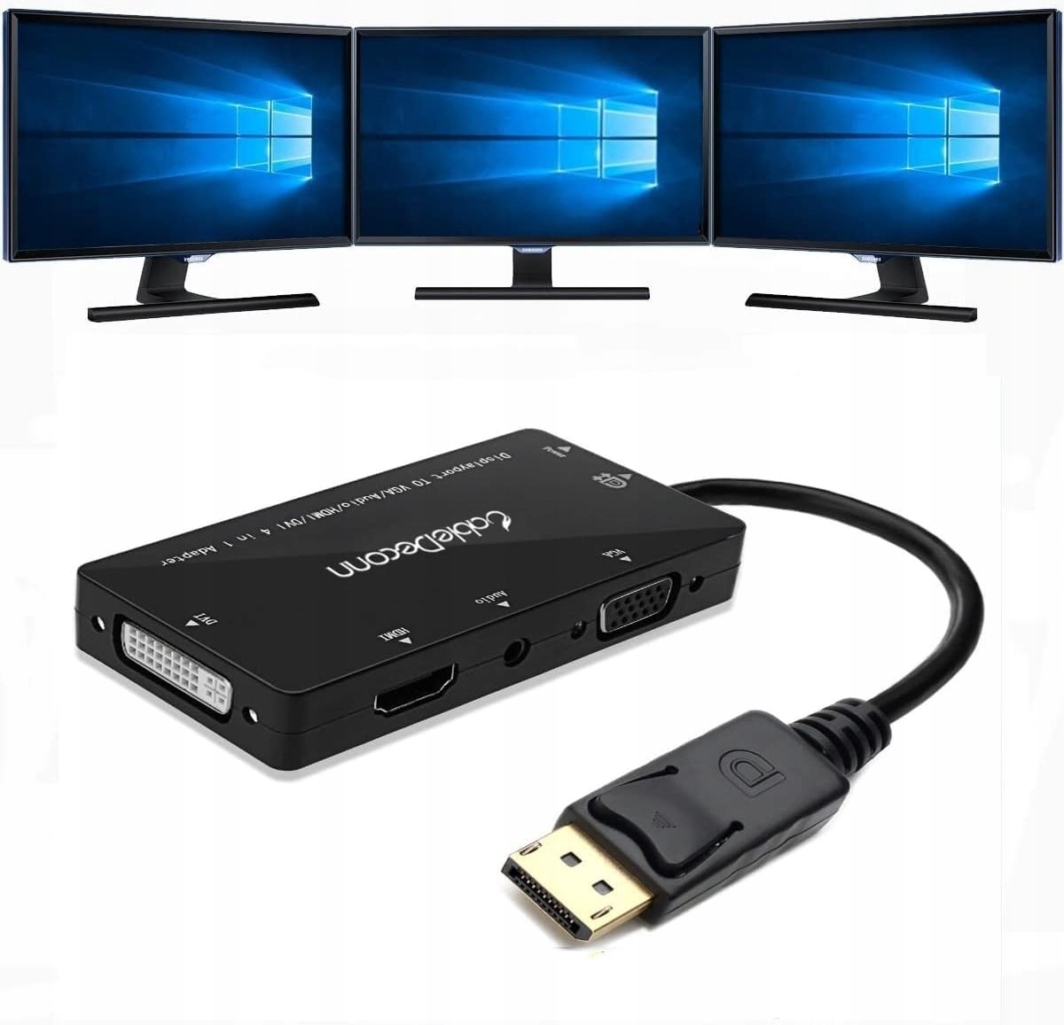 4 w 1 Displayport na HDMI/DVI/VGA z wyjściem audio Micro USB 3 monitory