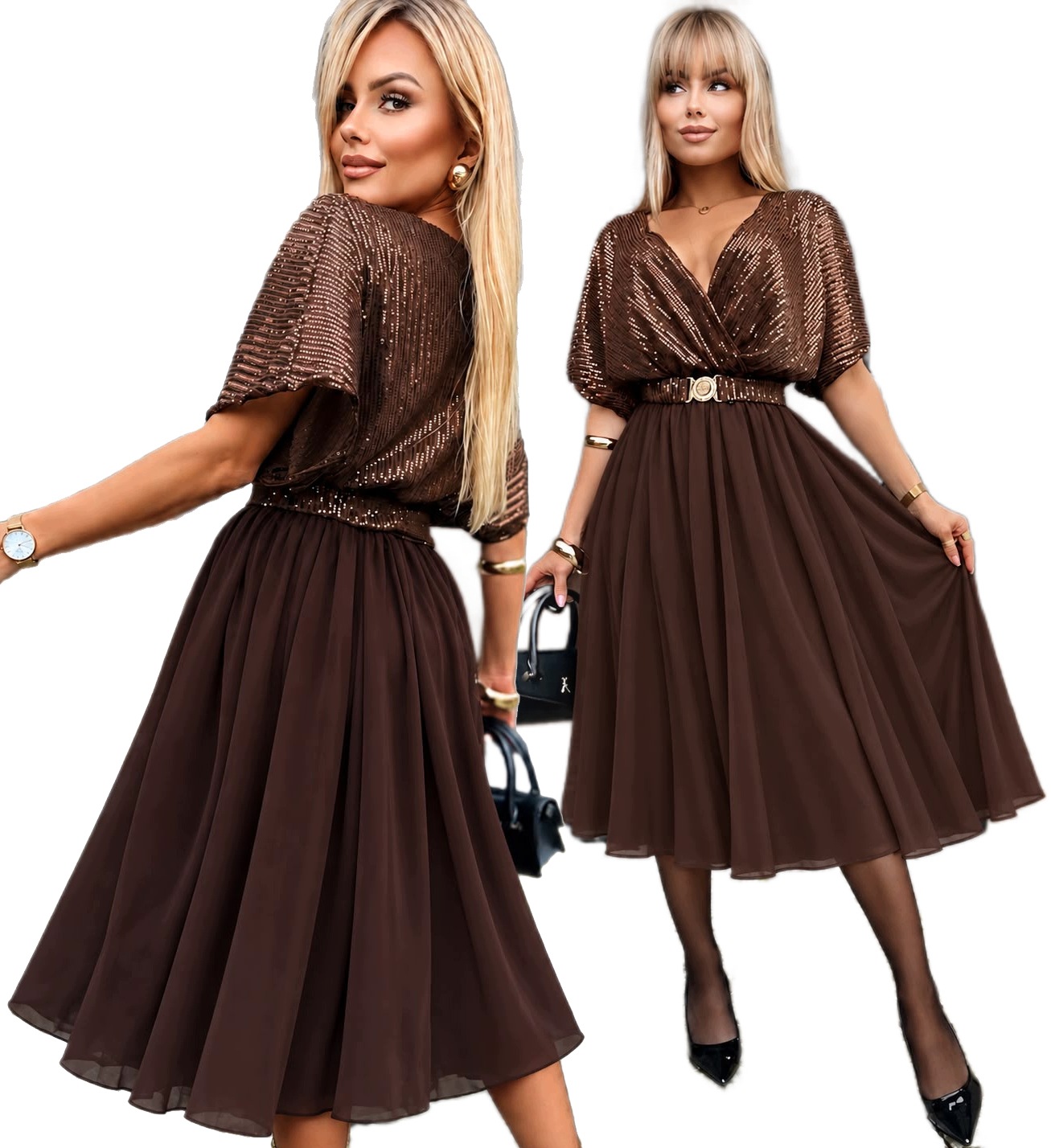 Elegantní večerní Šaty MIDI flitry šifonové pásek Andrea