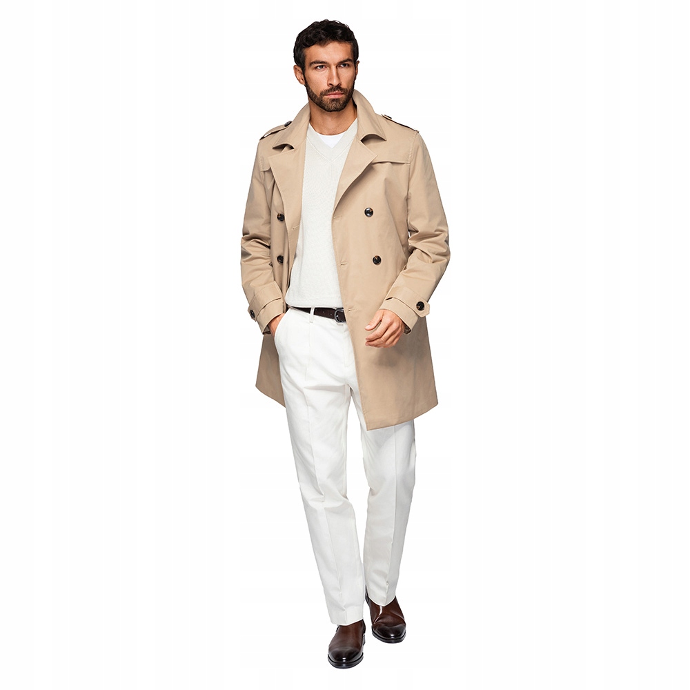 Klasický pánský béžový dvouřadý elegantní kabát V1 OM-COLC-0146 vel. S