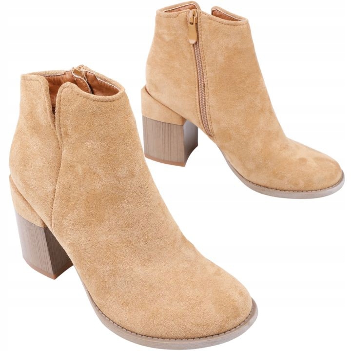 

Zamszowe Botki Na Obcasie Ocieplane na zamek camel