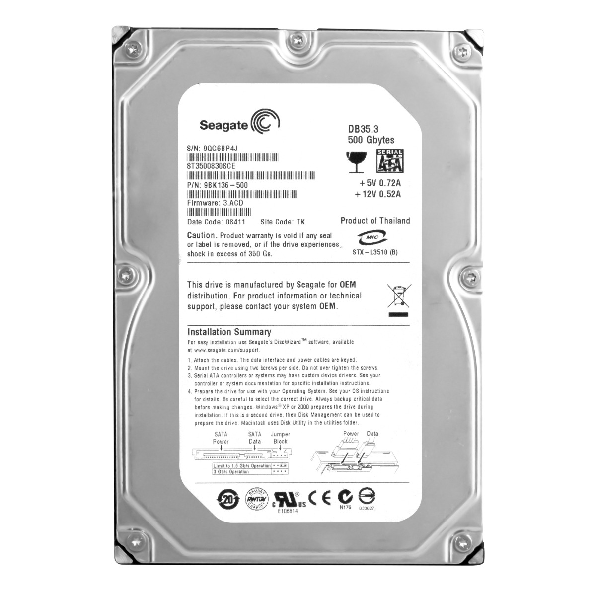 Seagate 500GB 7.2K 8MB Sata II 3.5'' ST3500830SCE