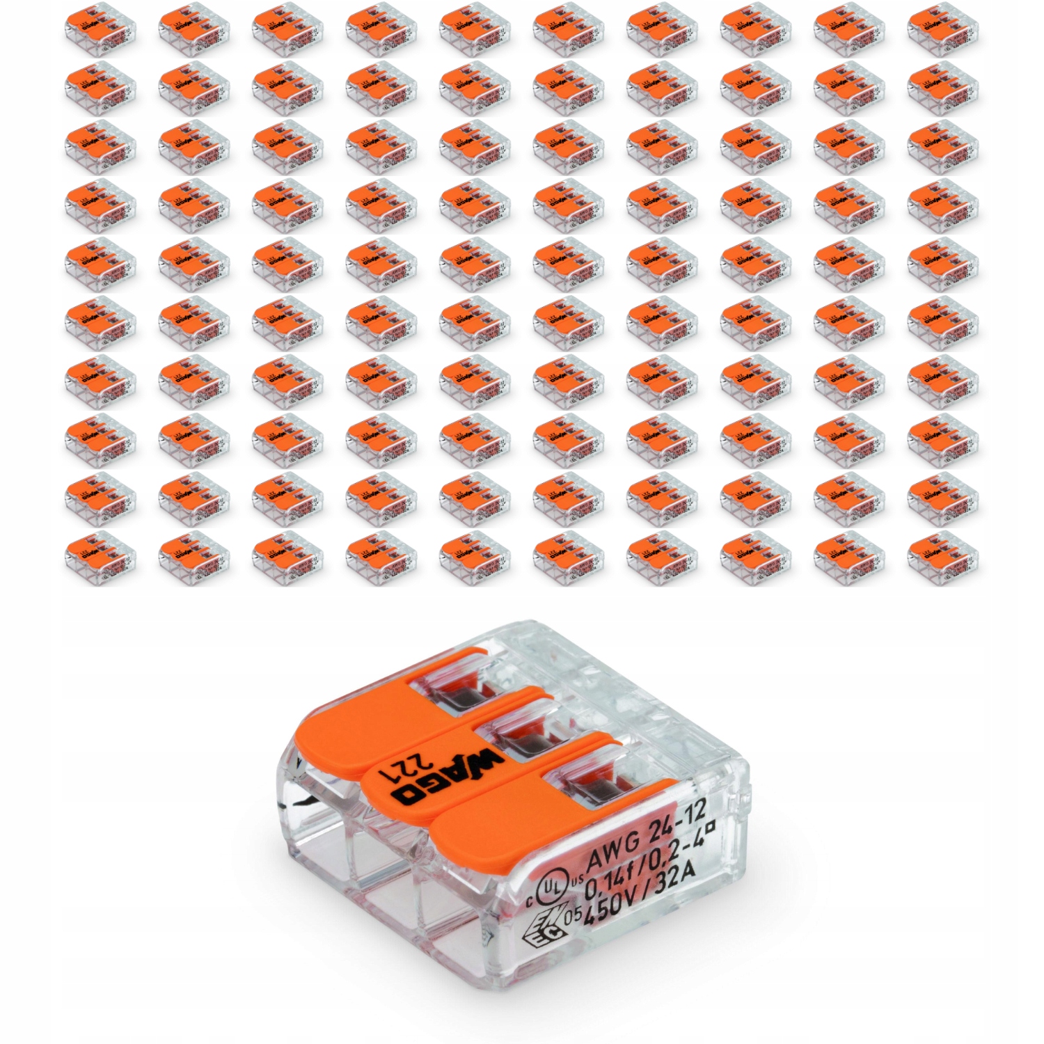100x Rychlospojka Wago 3 zásuvky 0,14-4 mm 221-413 svorkovnice Set