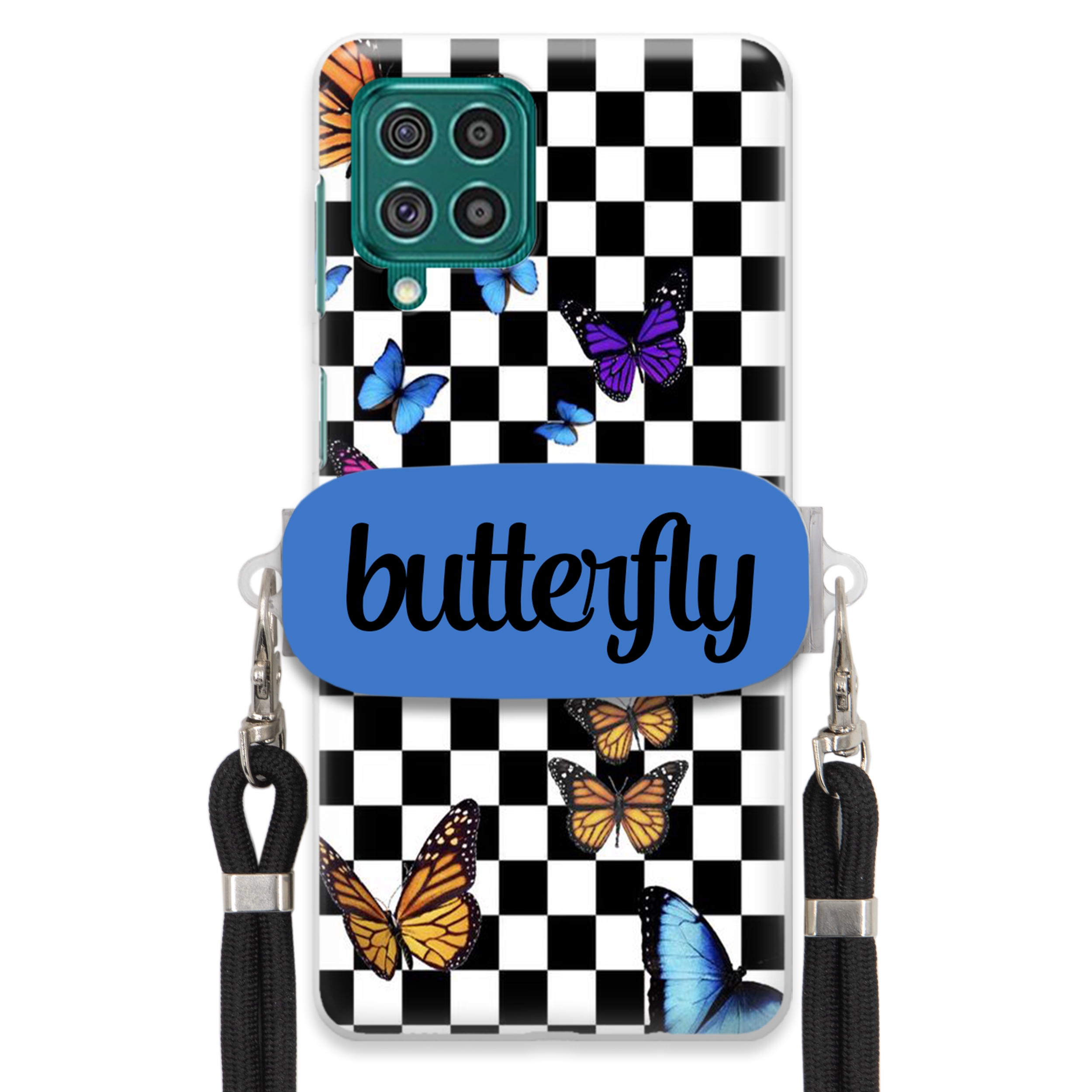 Puzdro Pre Samsung F62 Case, Obdĺžnikový Držiak, Čierne Vodítko, Butterfly, Motýle