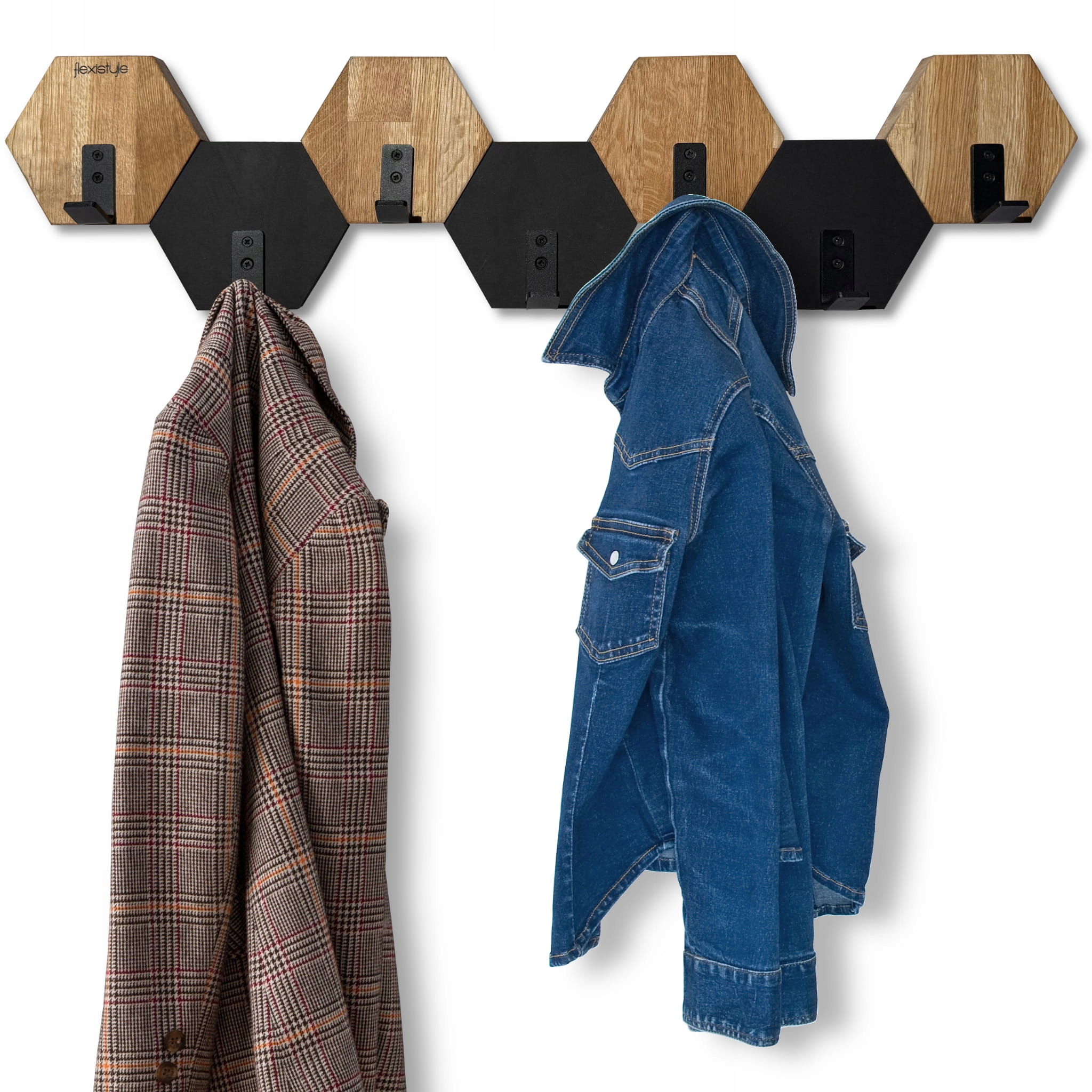 Nástěnný věšák do předsíně na oblečení na zeď dřevěný Hexagon 77 cm