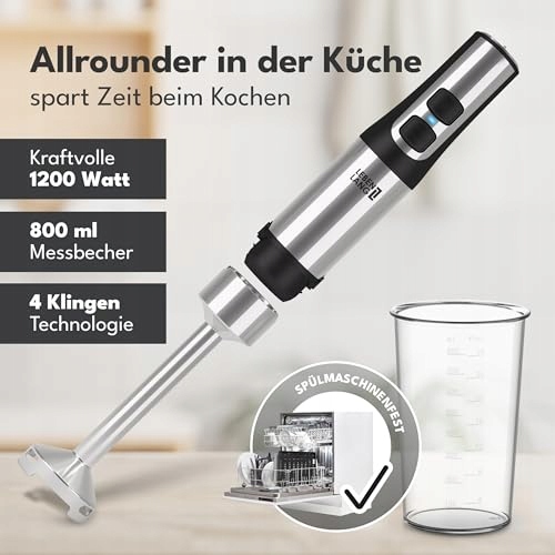LEBENLANG Blender Ręczny 1200W Stalowy Z Kubkiem 800ml i Osłoną — miniatura 2