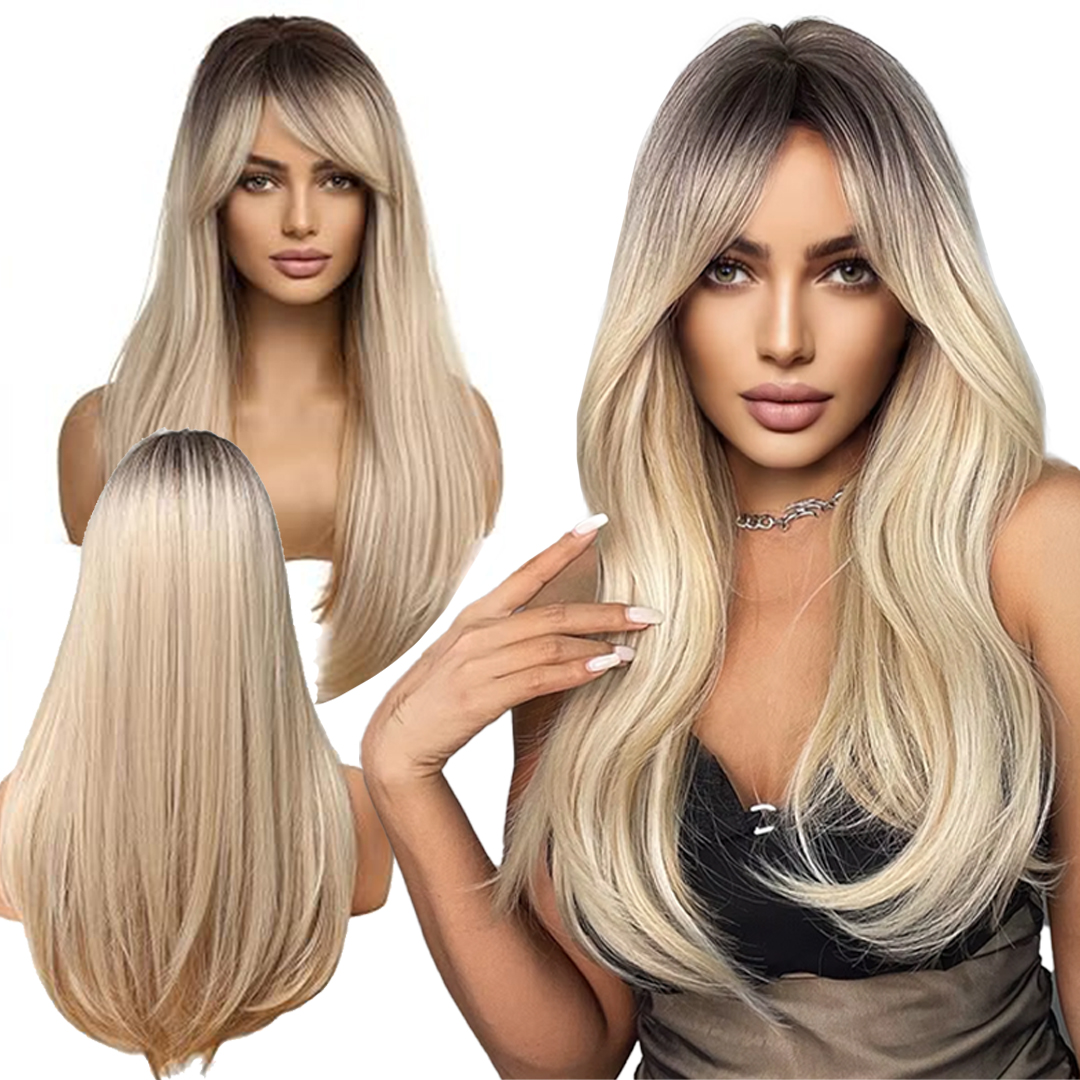 Dámská Dlouhá Paruka Blond Ombre Rovné Vlasy S Syntetickou Ofinou 63 cm