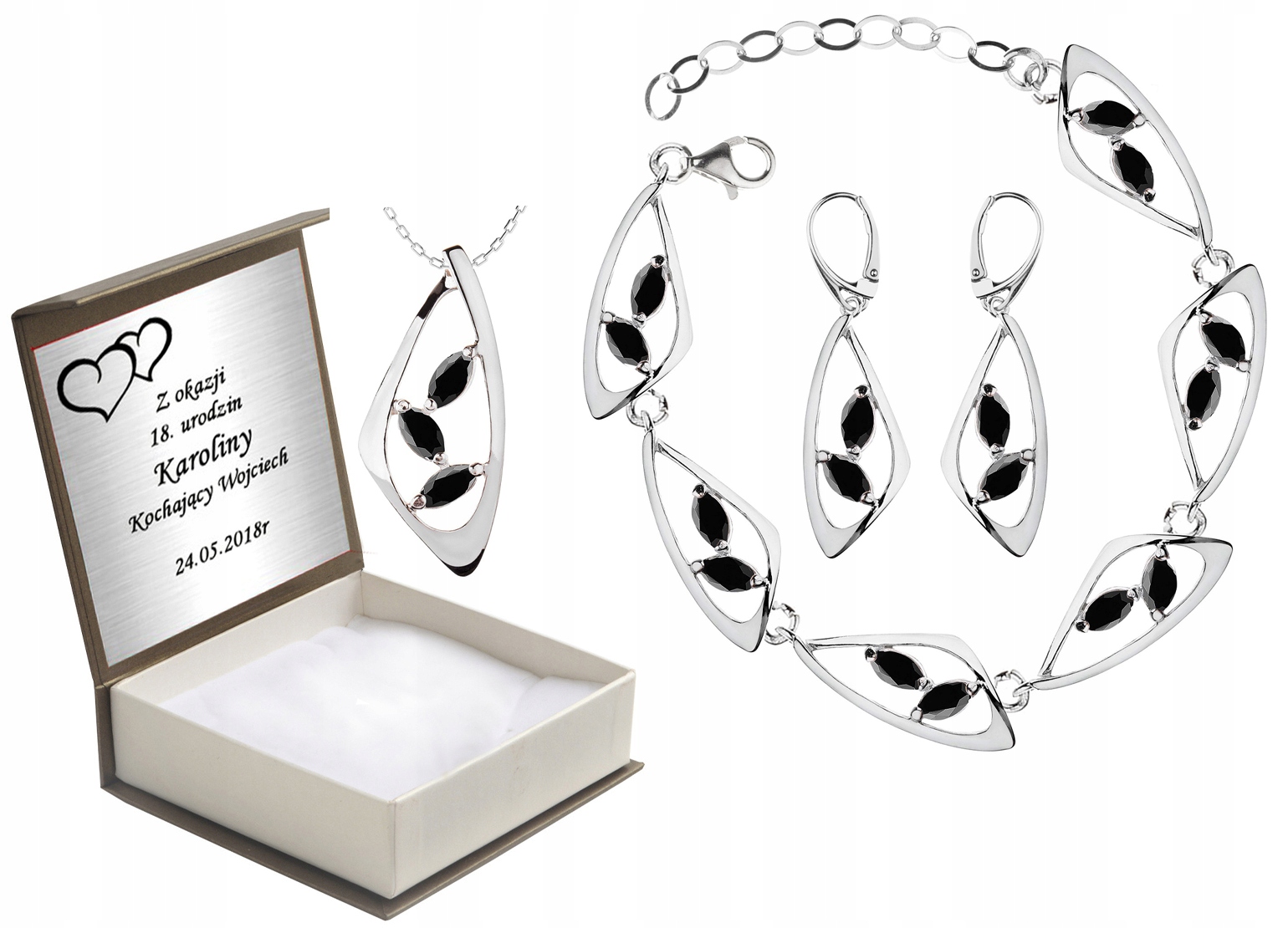 

Komplet Biżuterii Ażurowej Z Czarnymi Cyrkoniami