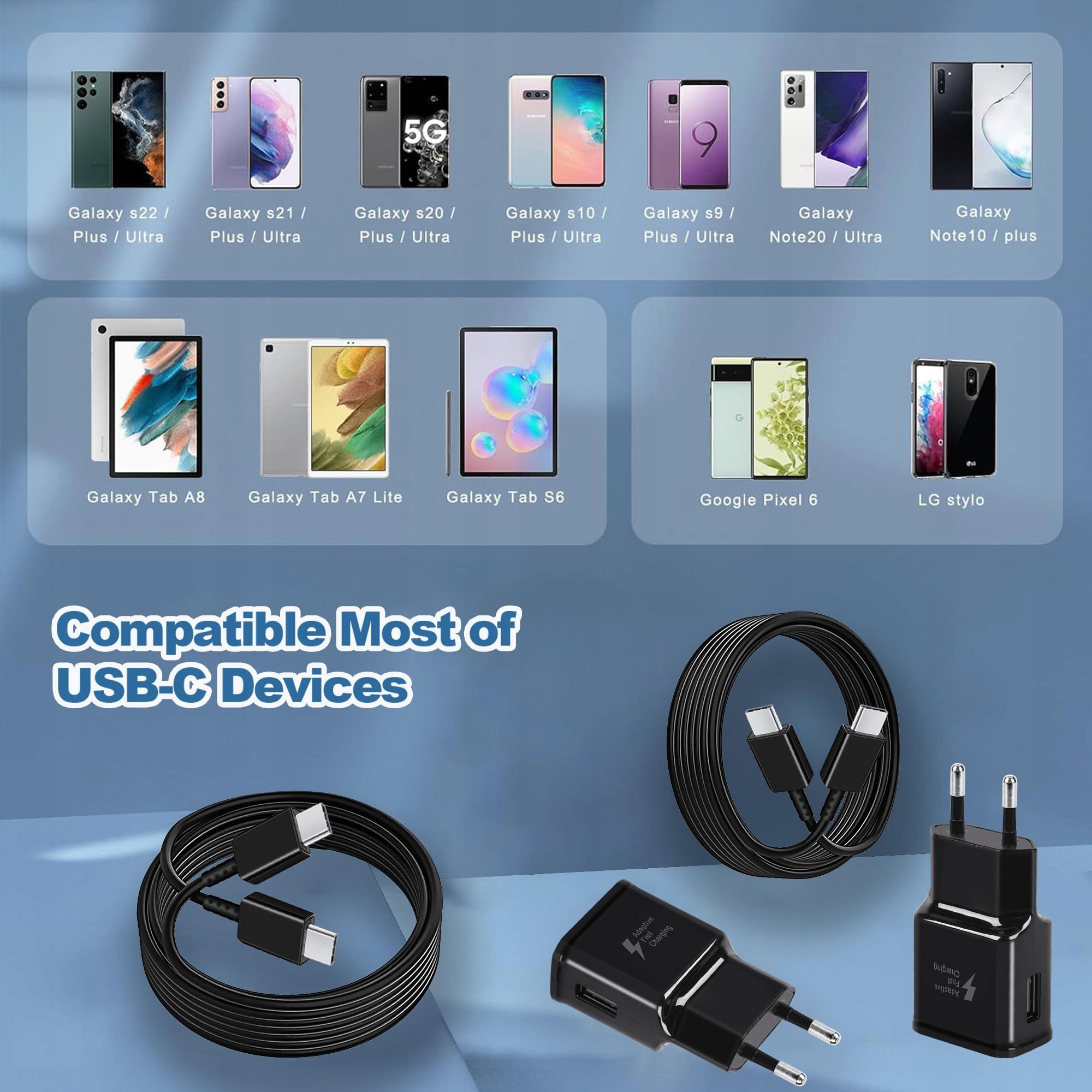 3ER PACK USB ŁADOWARKA Z KABLEM USB C DO Android GALAXY SZYBKIE ŁADOWANIE — miniatura 6