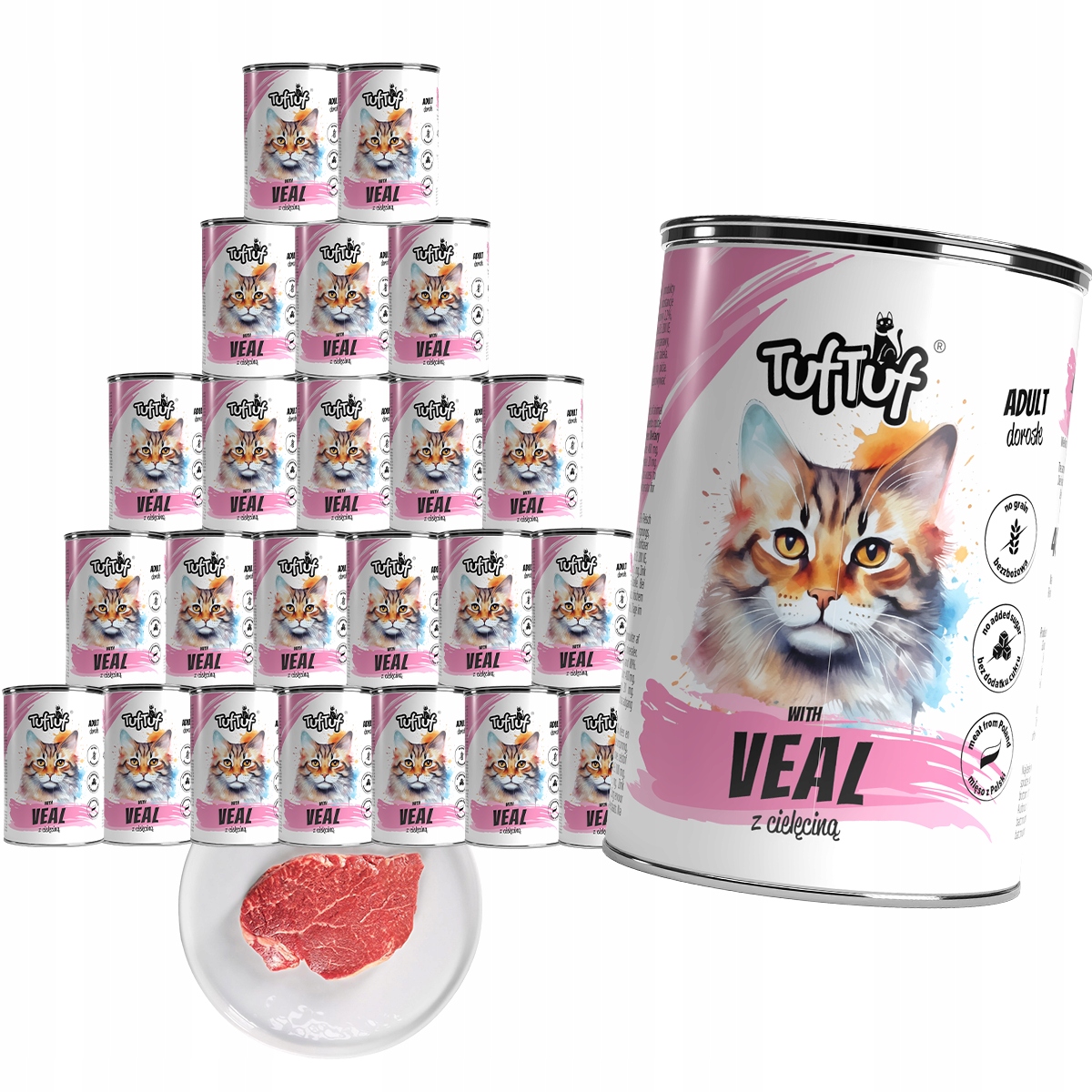 Levně Mokré Krmivo Pro Kočky TufTuf Plechovka s telecím masem Set 24x400 g