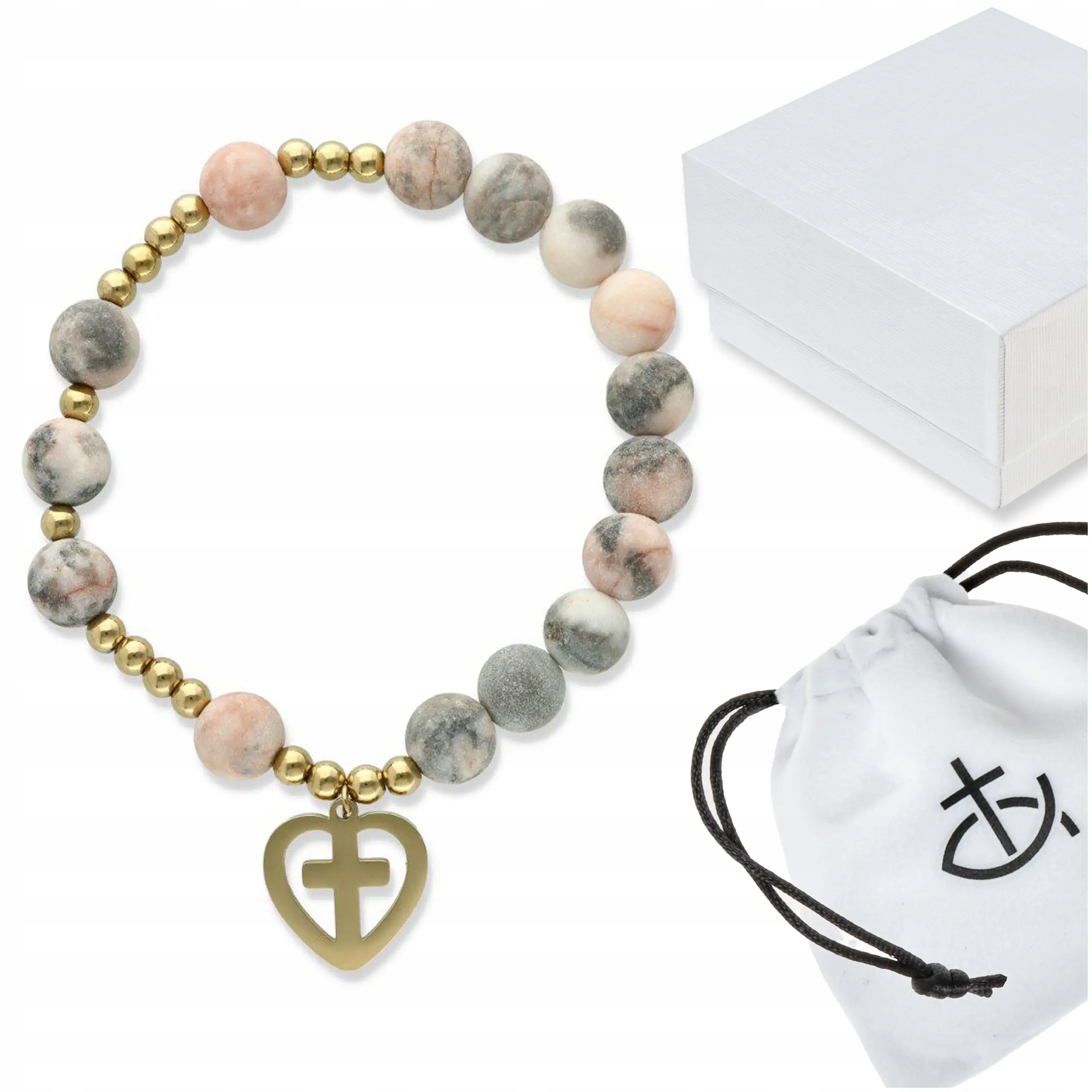 Růženec na ruku z růžového opálu se zlatým přívěskem srdíčko s křížkem