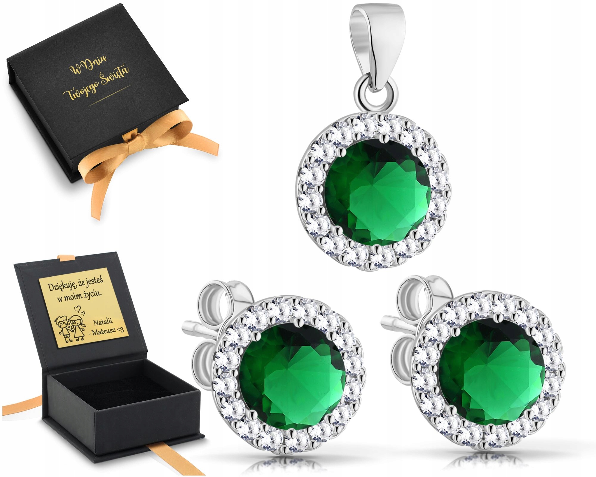 Sada Stříbrných Bizuterií Se Zelenými Kameny 925 Gravírování