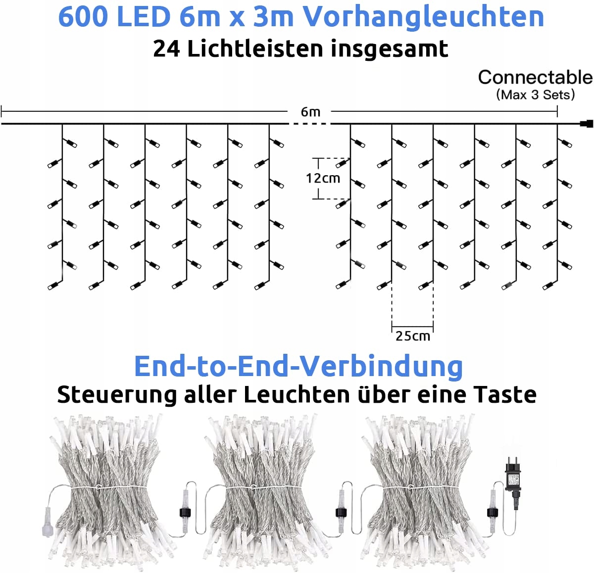 DEKOFUN Girlanda Kurtyna Świetlna Ozdobne Wodoodporne Lampki 600LED 6x3m — miniatura 4