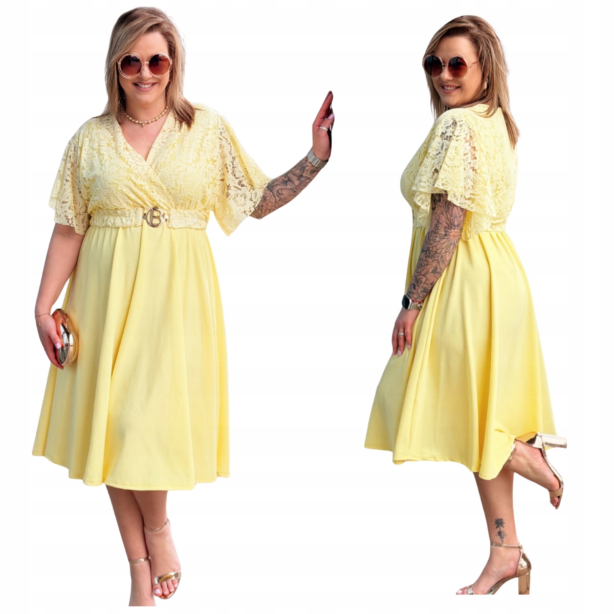 Šaty Velká velikost Plus Size Dámská Cavaricci Na Svatební Hostina Krajka Žlutá