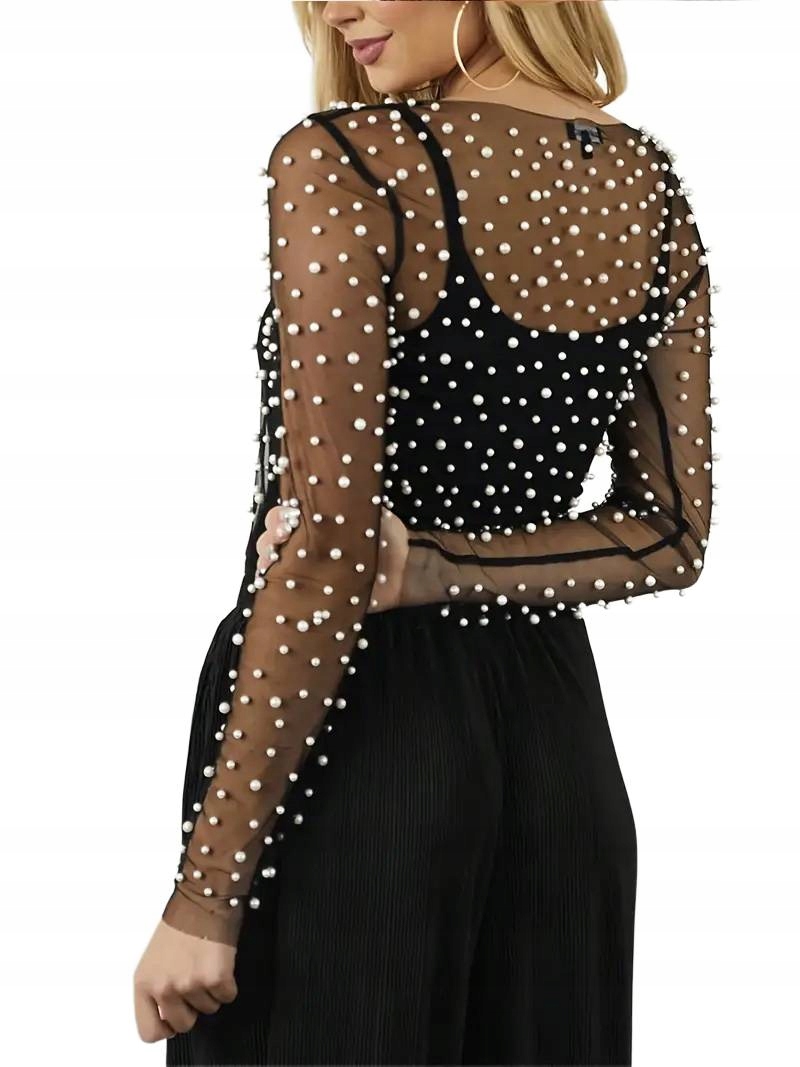 BLUZKA TOP TBPC czarna SIATKOWA Z PERŁAMI SEKSOWNA S Rozmiar S