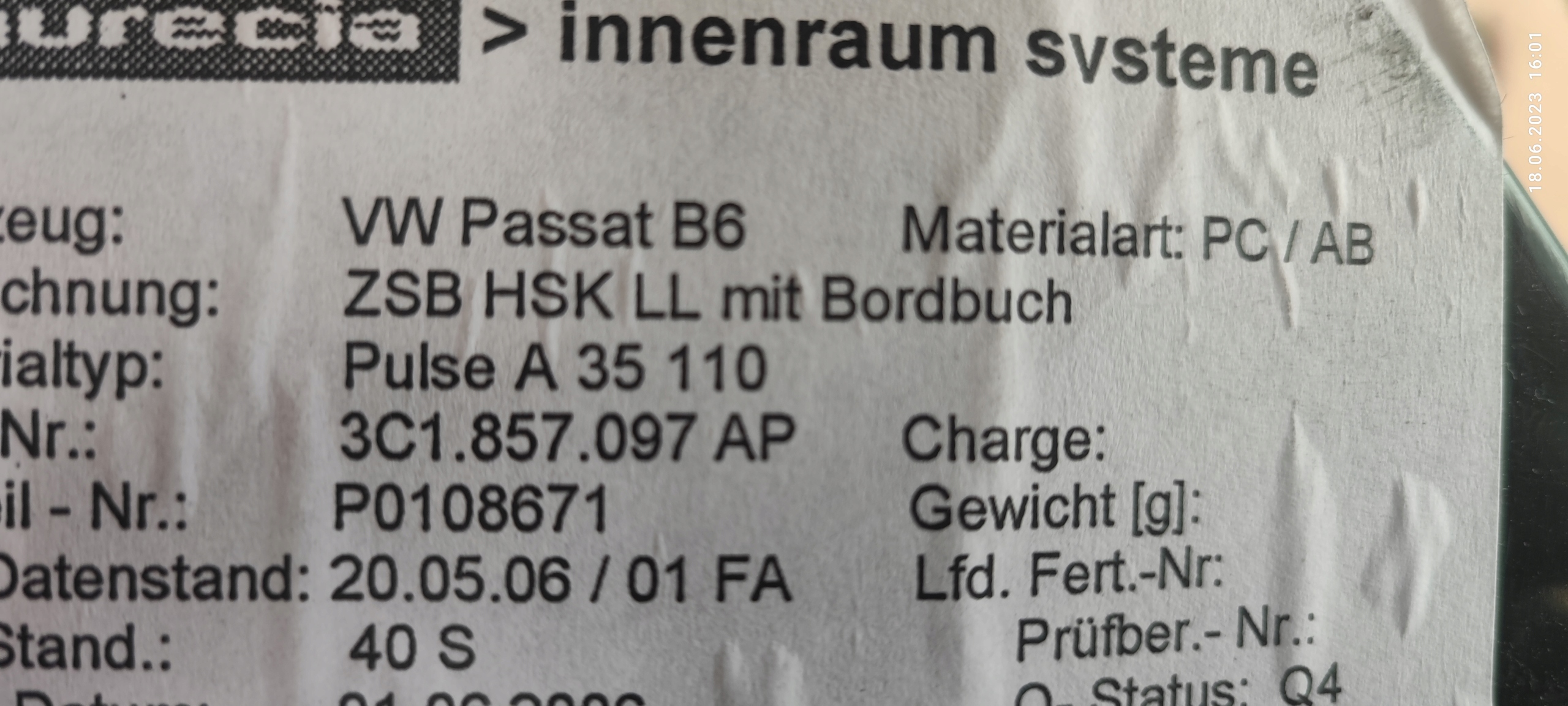 VW PASSAT B6 Handschuhfach des Beifahrers schwarzer LADNY