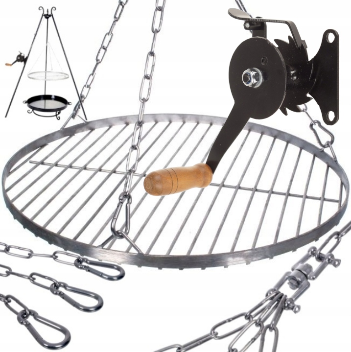 Grilovací Rošt Na Trojnožku Nerezový Polský Ø600 MM Řetěz Naviják