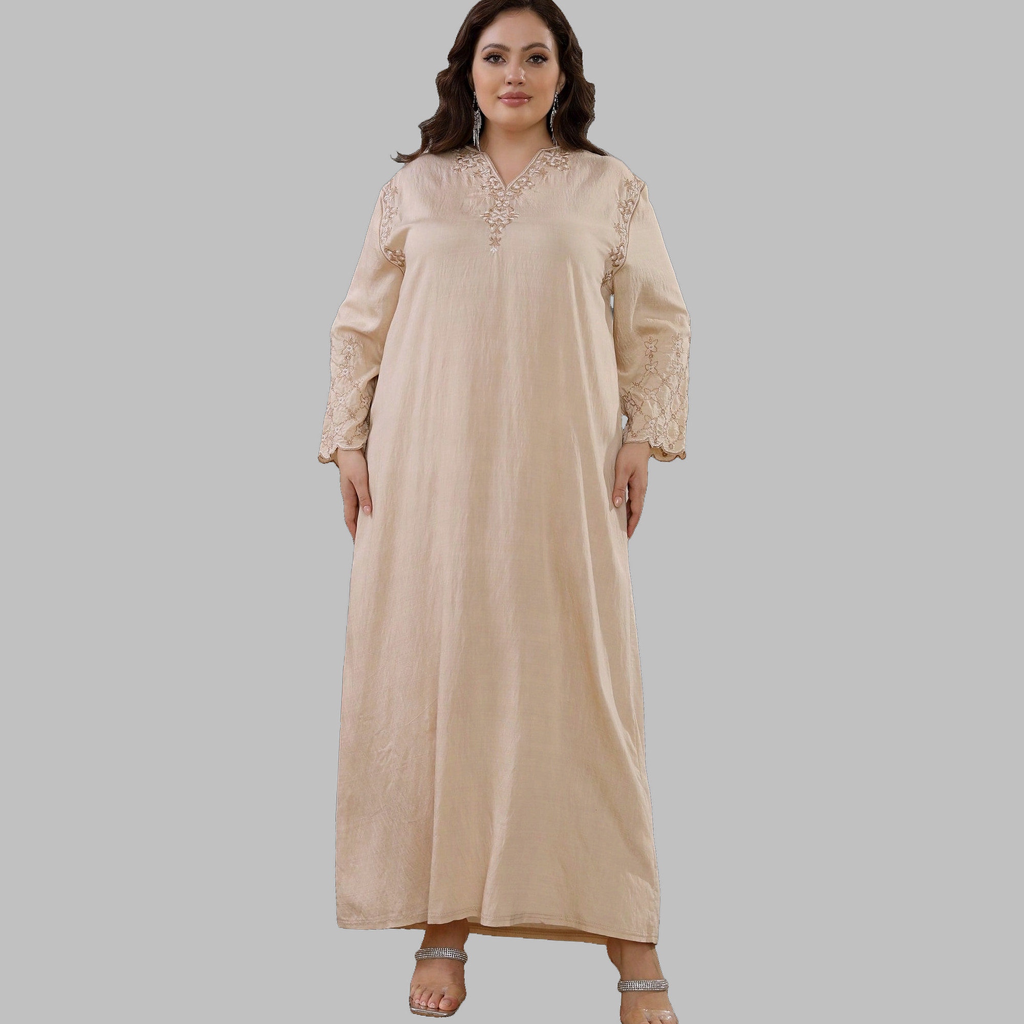 Šaty Maxi vyšívaná v arabském stylu Béžová Casual Shein 3XL 46