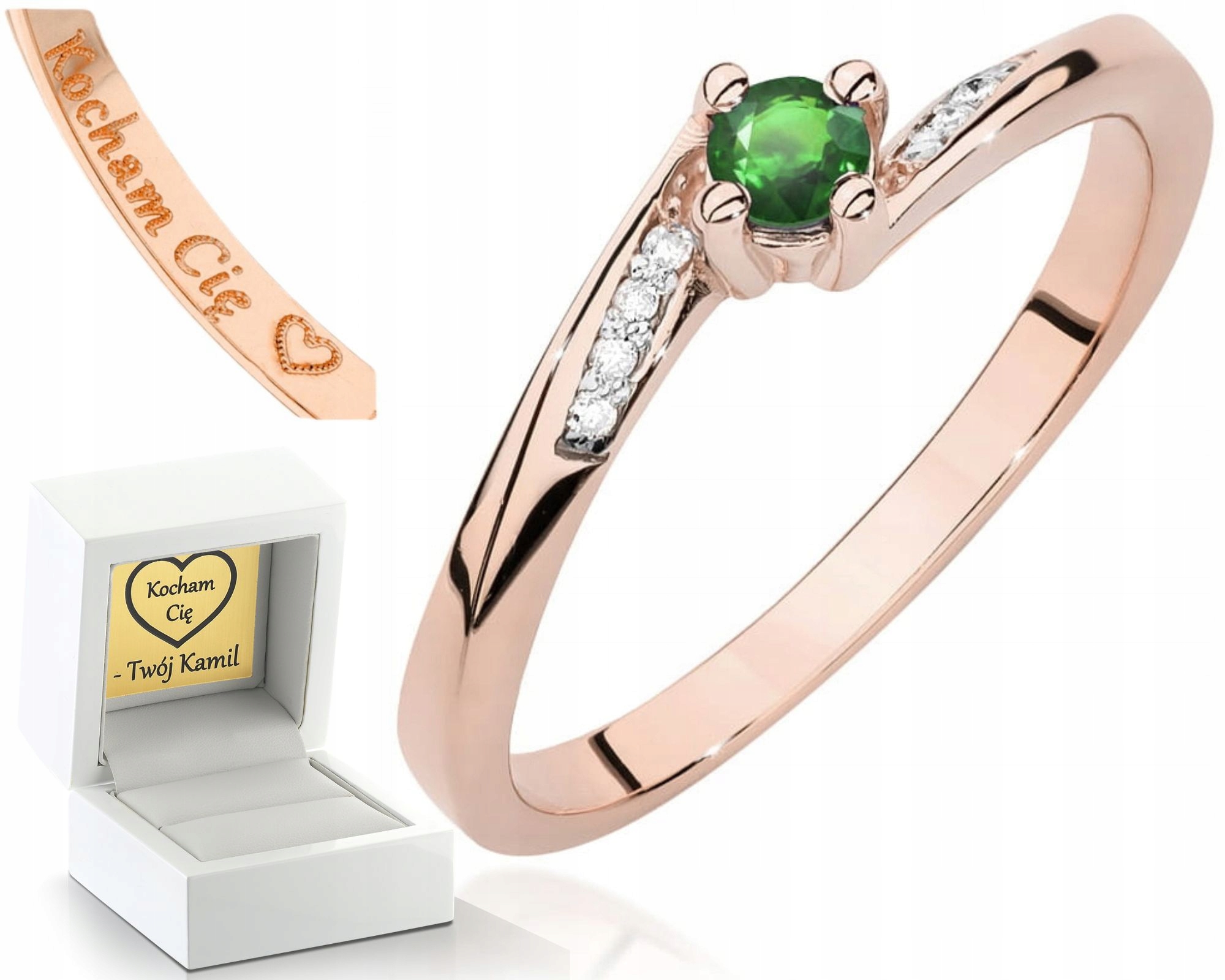 Zlatý Prstýnek Prsten S Smaragd A Růžovým Zlatem Gravírování 585, Dárek