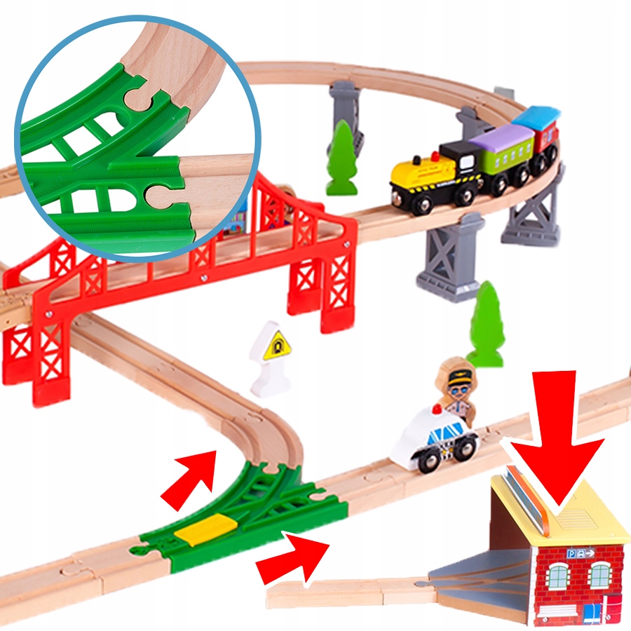 DREWNIANA KOLEJKA POCIĄG LOKOMOTYWA MIASTO POLICJA STRAŻ AKCESORIA 320 CM Materiał drewno
