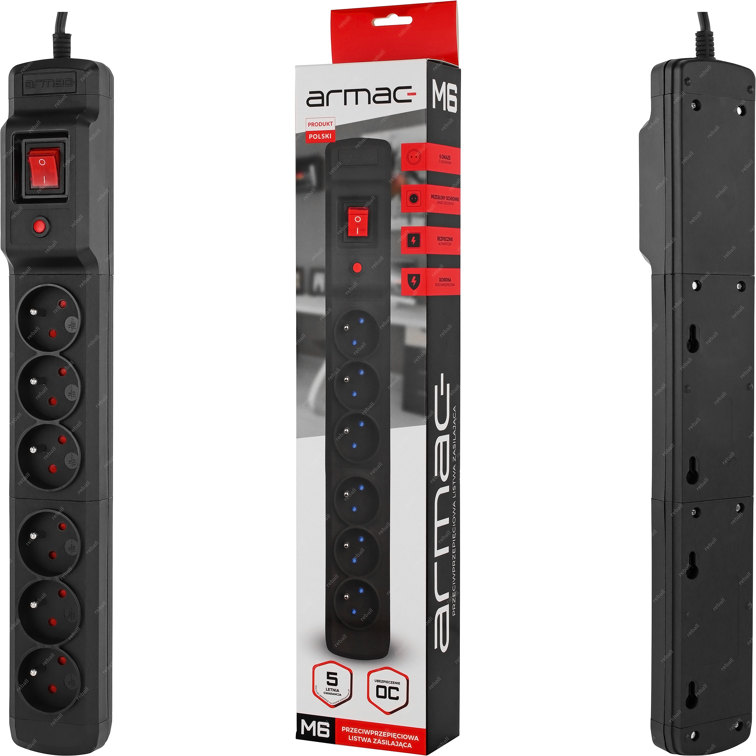PRZEDŁUŻACZ LISTWA ZASILAJĄCA ANTYPRZEPIĘCIOWA 6 GNIAZD ARMAC M6 2500W 3m