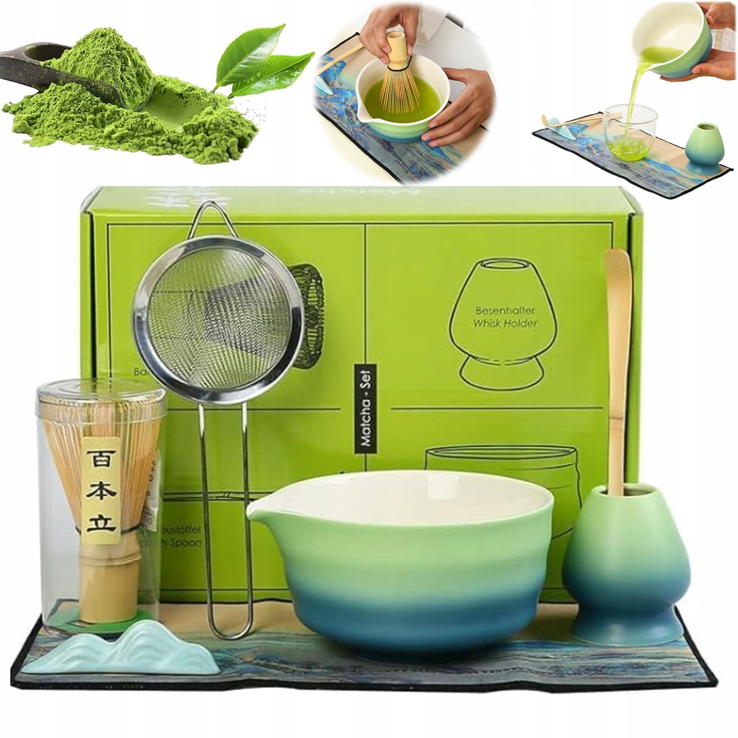 Levně Dárková Sada Na Matcha Čaj Šálek Metlička Stojánek Lžička