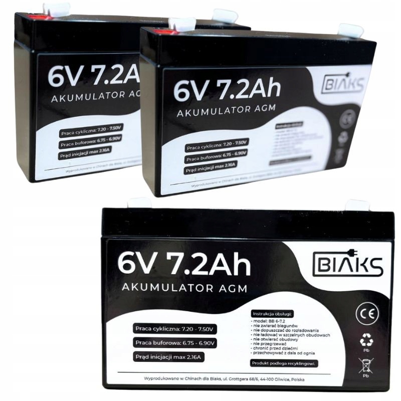 2x Akumulator Agm 6V 7,2Ah Biaks (wymiar 7Ah) do alarm Cctv waga kasa Ups