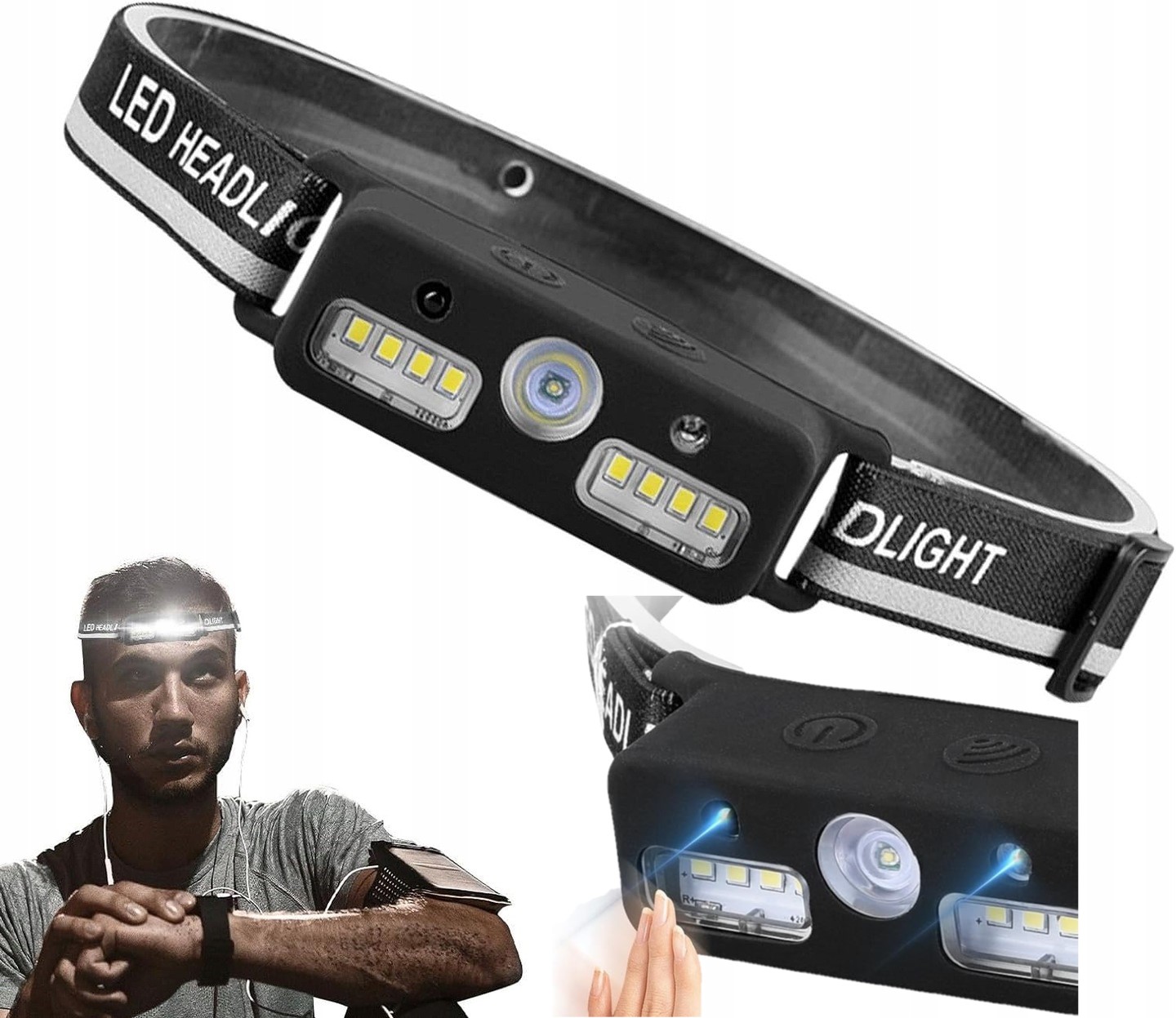 LATARKA CZOŁOWA CZOŁÓWKA LAMPKA NA GŁOWĘ LED Z CZUJNIKIEM RUCHU