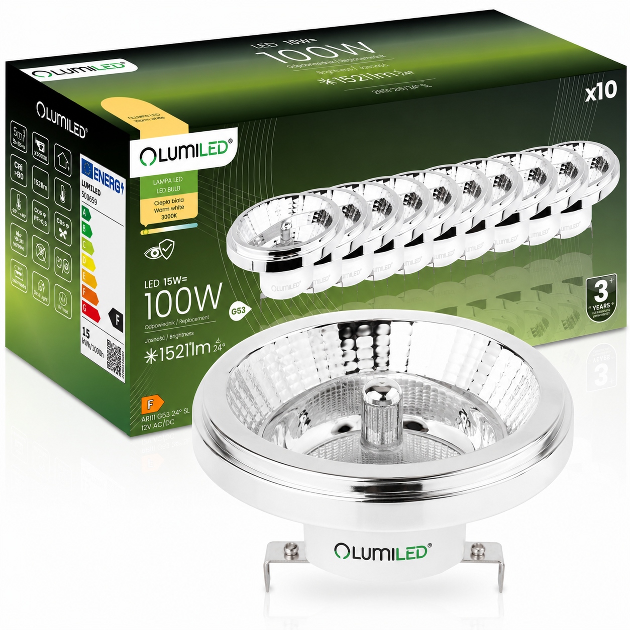 10x Led žiarovka G53 AR111 15W 100W 1521lm 3000K 24° 12V strieborná Lumiled