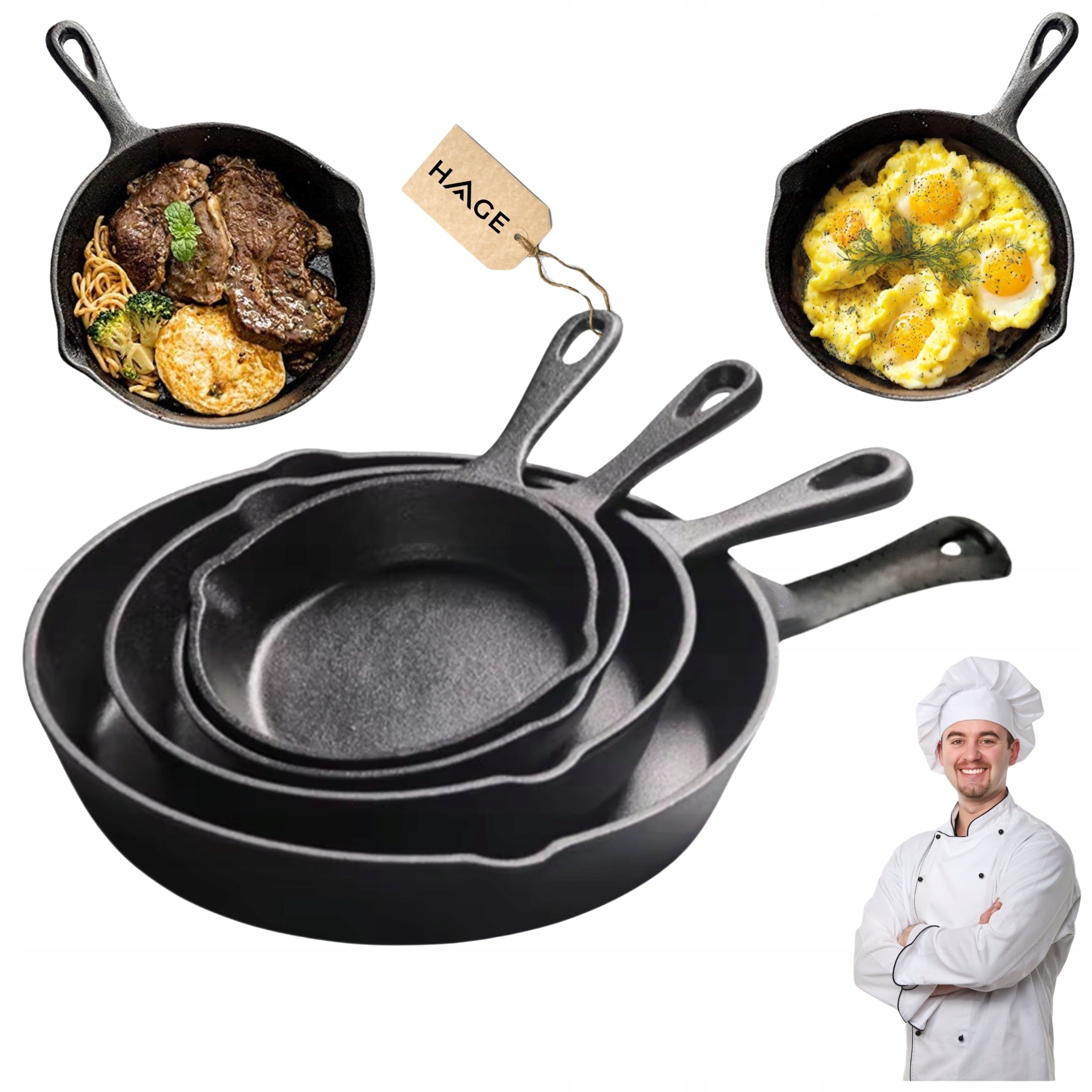 Set Litinových Pánví 16,20,25,30 cm Indukce Ohniště Gril Plynová Pánev