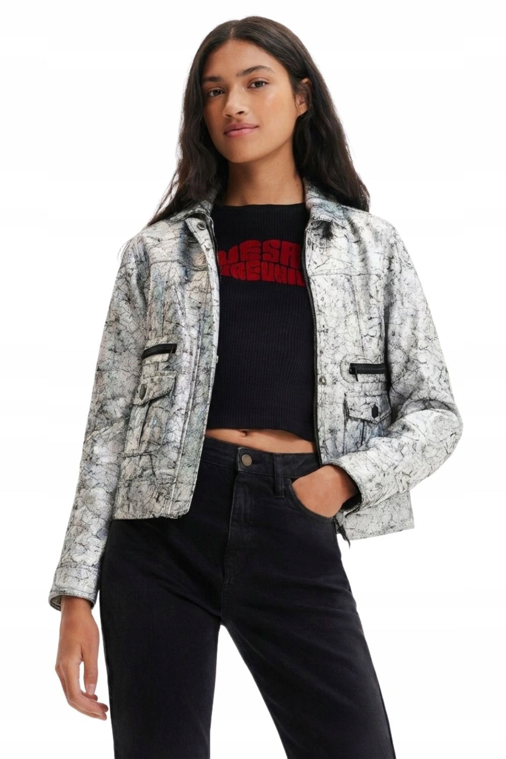 Dámská přechodová bunda Desigual krátká metalická stříbrná crackle vel.