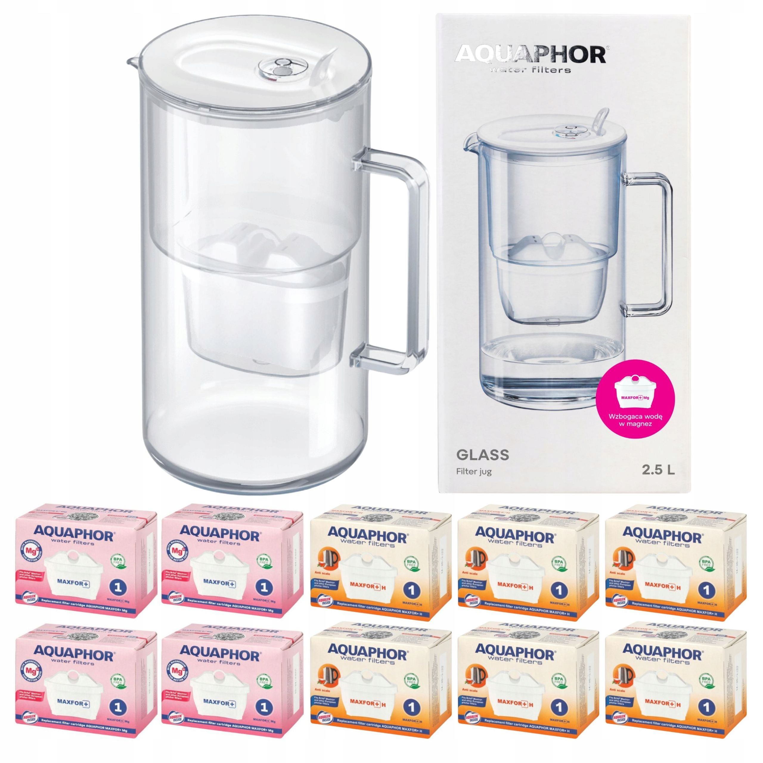 Skleněná filtrační konvice na vodu Aquaphor Glass bílá 10 filtrů (4Mg+6H)