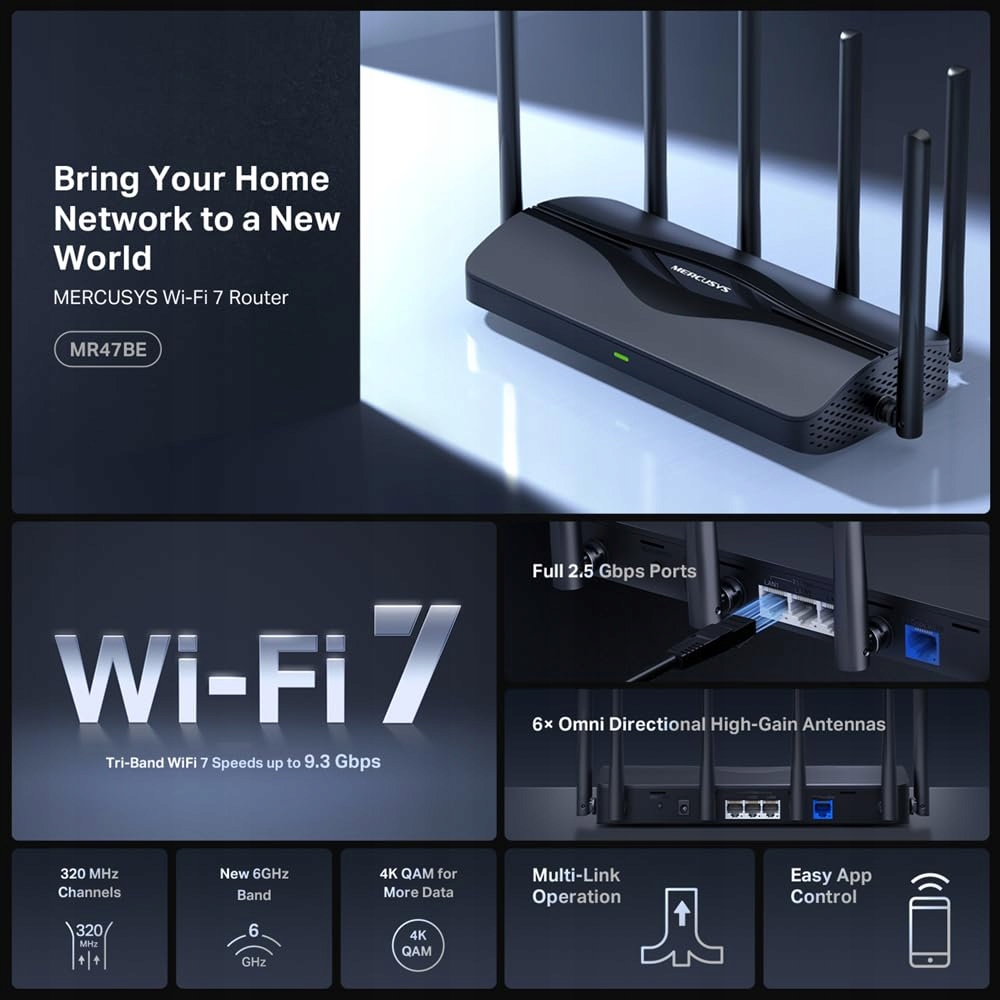 MERCUSYS Router Tri-Band BE9300 WiFi 7 4x2,5G Porty 6 Anten 6GHz VPN WPA3 — miniatura 4