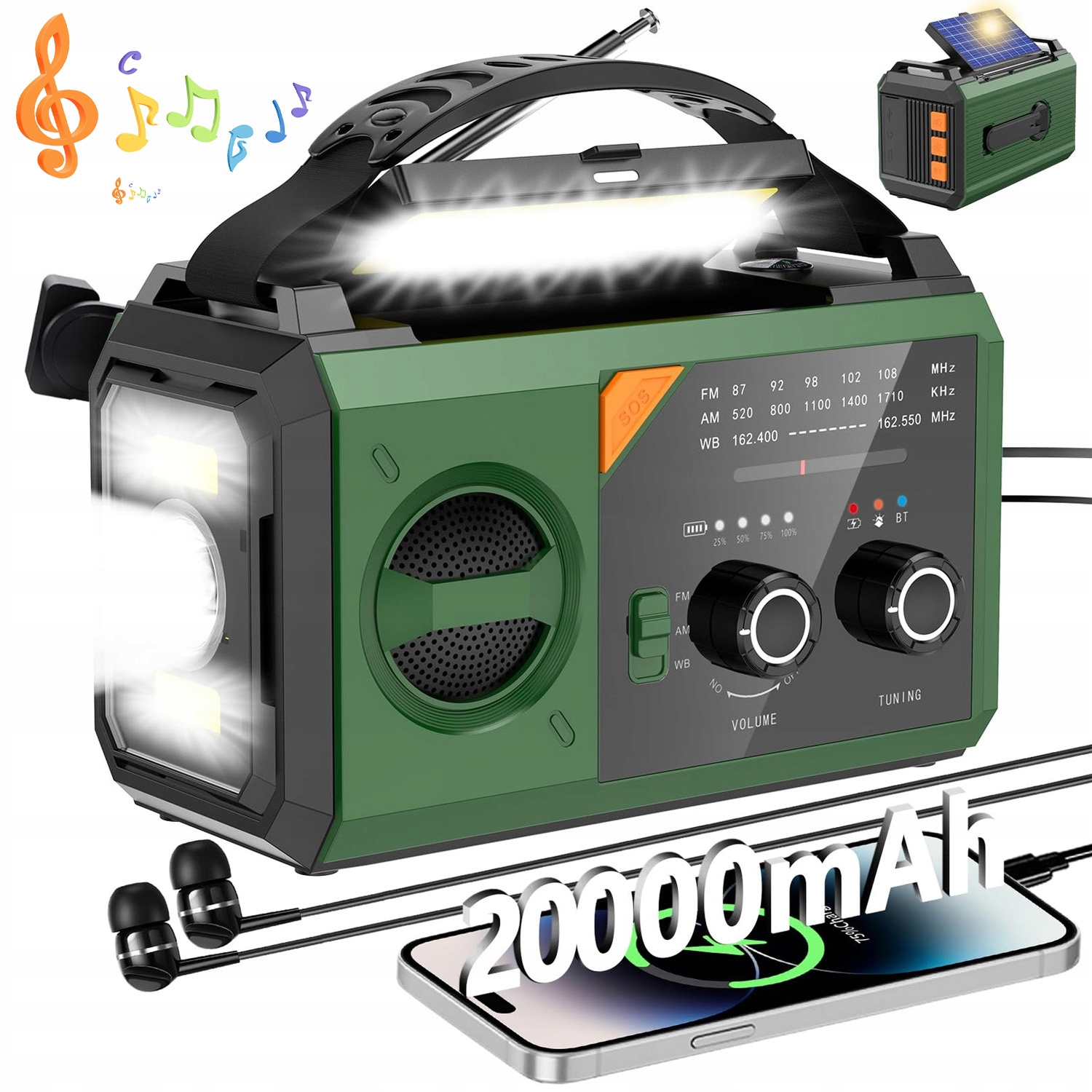 Prenosné solárne rádio 20000 mAh Power Bank Sos Baterka Kompas Nabíjanie