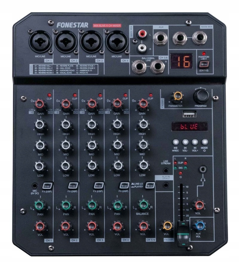 Fonestar MIX-6LIVE 6-kanálový stereo mixážní pult s Bluetooth streamováním přes Usb
