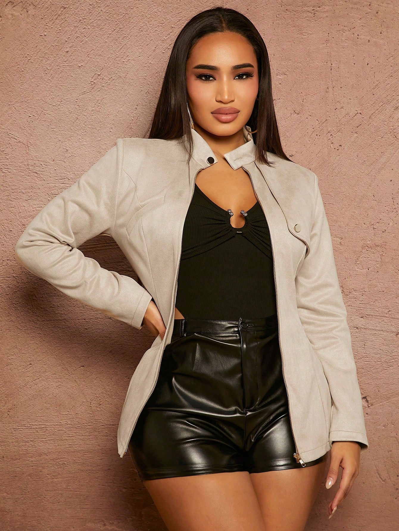 Asymetrická Semišová Bunda Se Stojáčkem Béžová Shein S 36