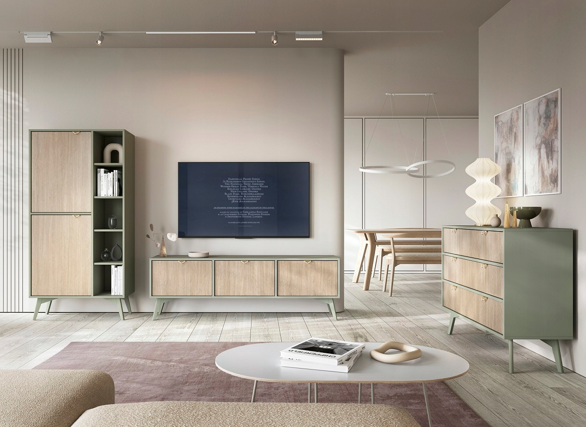 Regał FOREST dwudrzwiowy, eukaliptus/jodełka scandi, złote uchwyty Głębokość mebla 38 cm