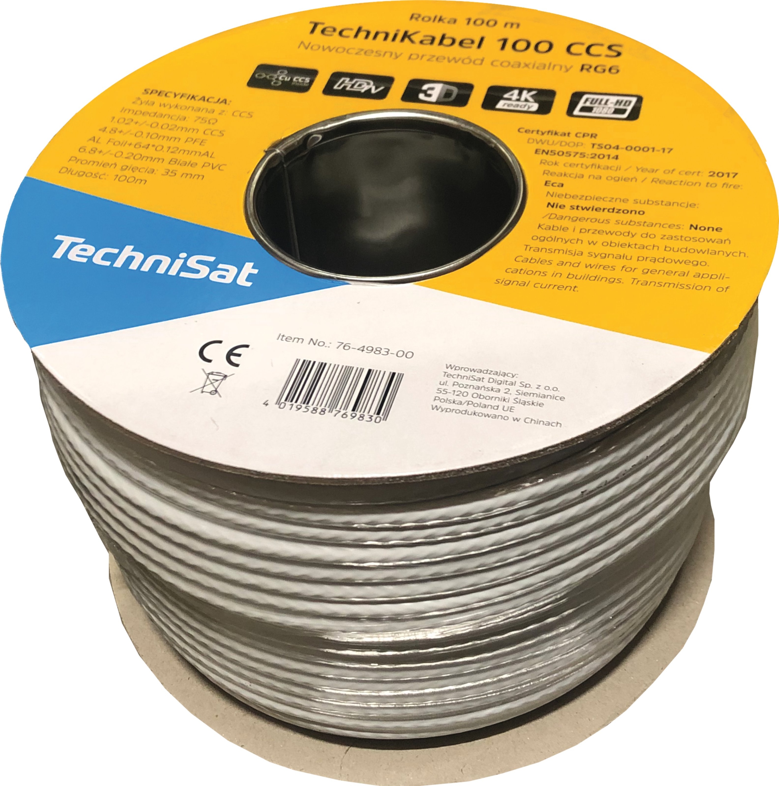 Anténní koaxiální kabel TechniSat RG6 Ccs 100 m DVB-T2 Sat Hdtv