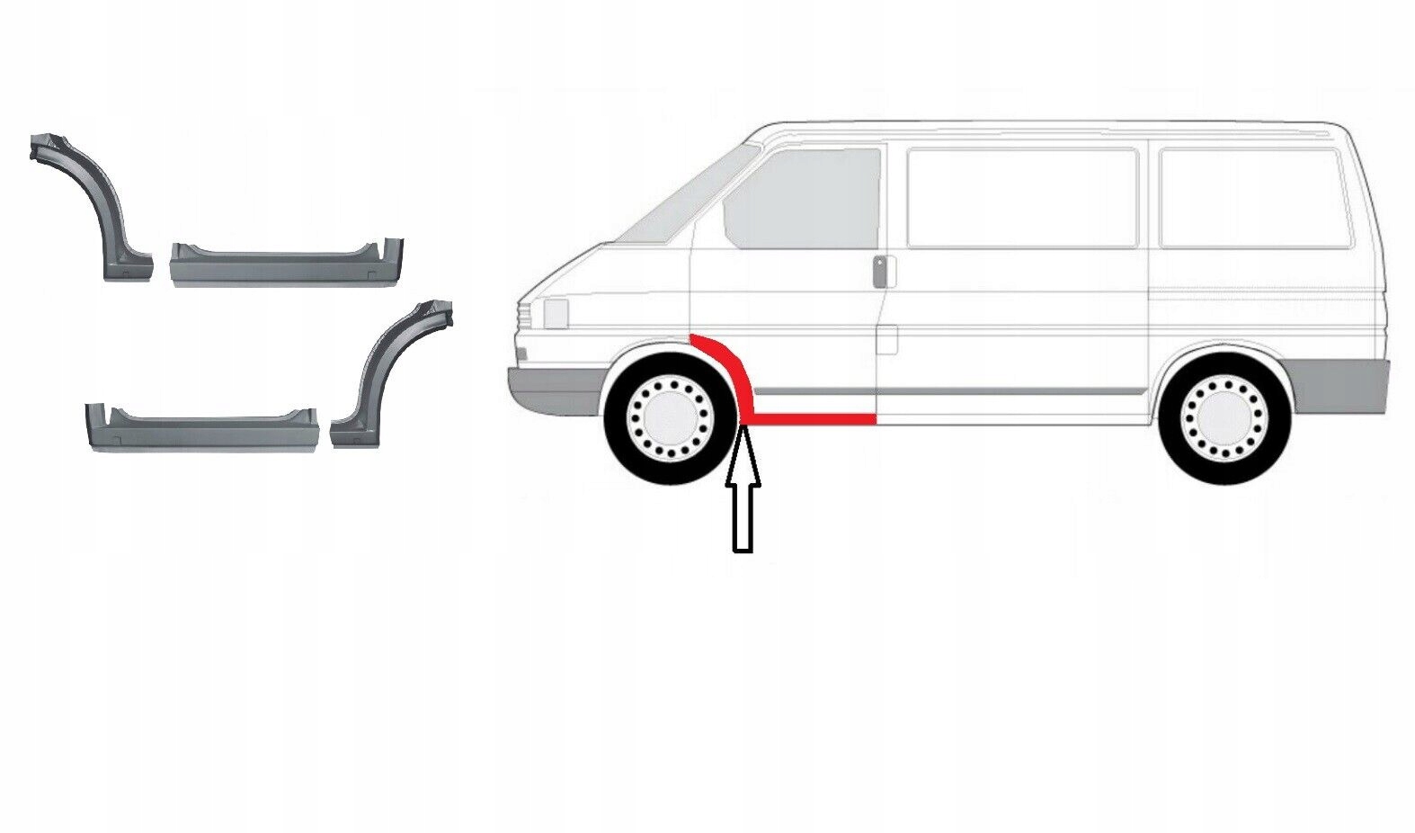 Oprava Volkswagen T4, vstup v podběhu kola, práh předních dveří L+p