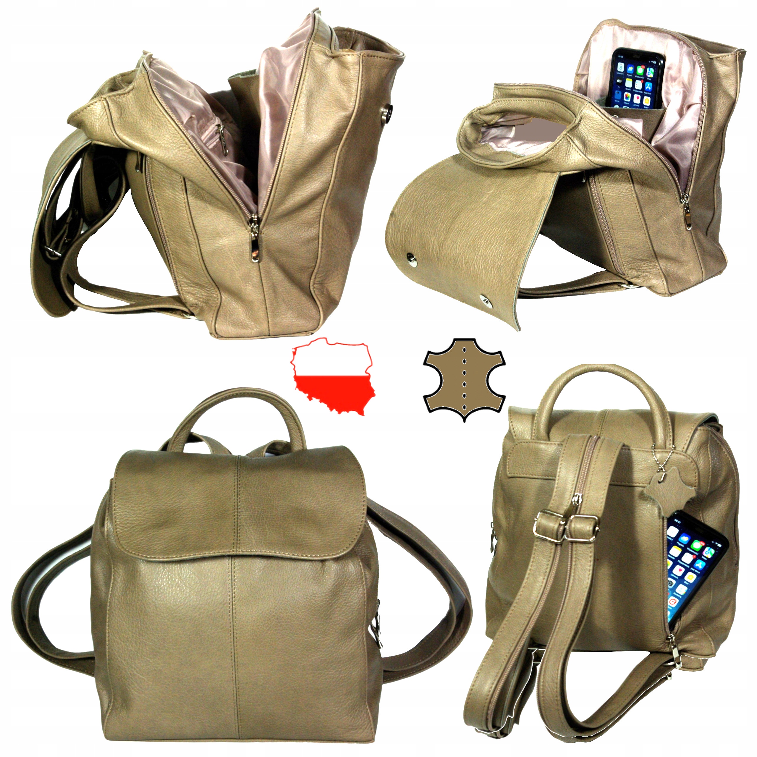 Batoh hnědý, béžový, velký, polská výroba, přírodní kůže