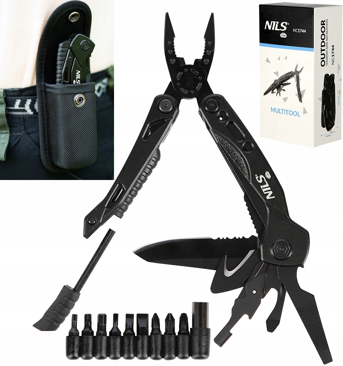 Multitool Narzędzie Wielofunkcyjne 12 w 1 Scyzoryk bity Nils Camp czarny